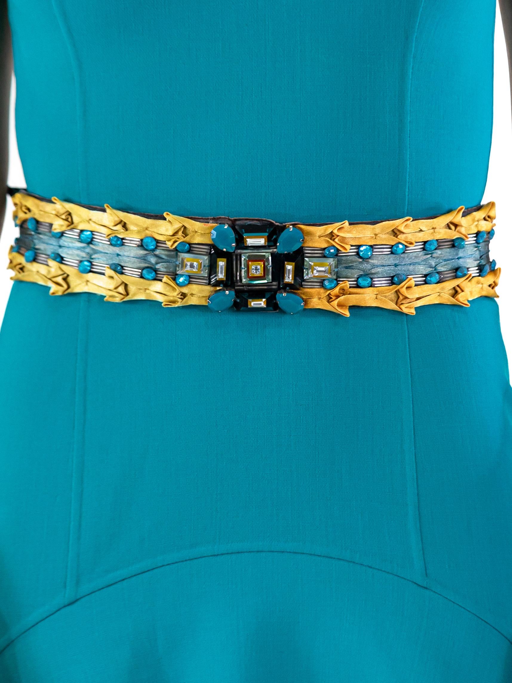 Women's 2000S OSCAR DE LA RENTA Cerulean Blue Wool/Spandex Gown With Jeweled Belt For Sale