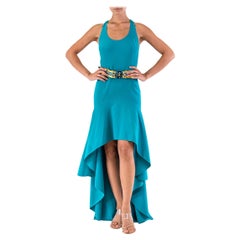 2000S OSCAR DE LA RENTA Cerulean Blue Wool/Spandex Gown With Jeweled Belt