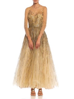 2000S OSCAR DE LA RENTA Champagne Beaded Tulle Gown & Shawl