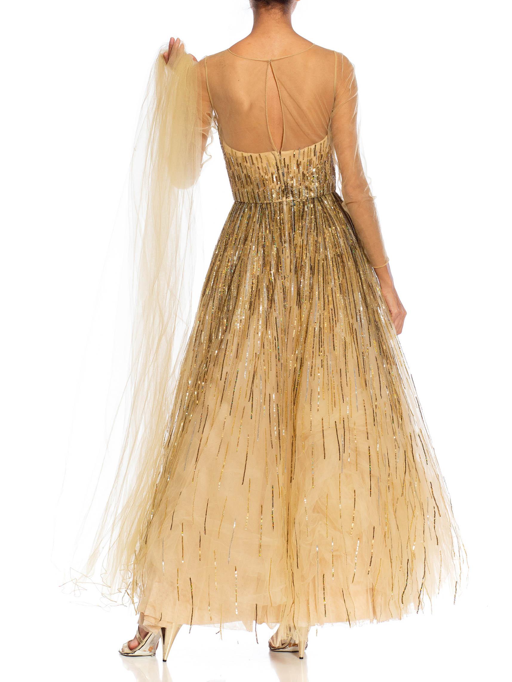 Brown 2000S OSCAR DE LA RENTA Champagne Beaded Tulle Gown & Shawl For Sale