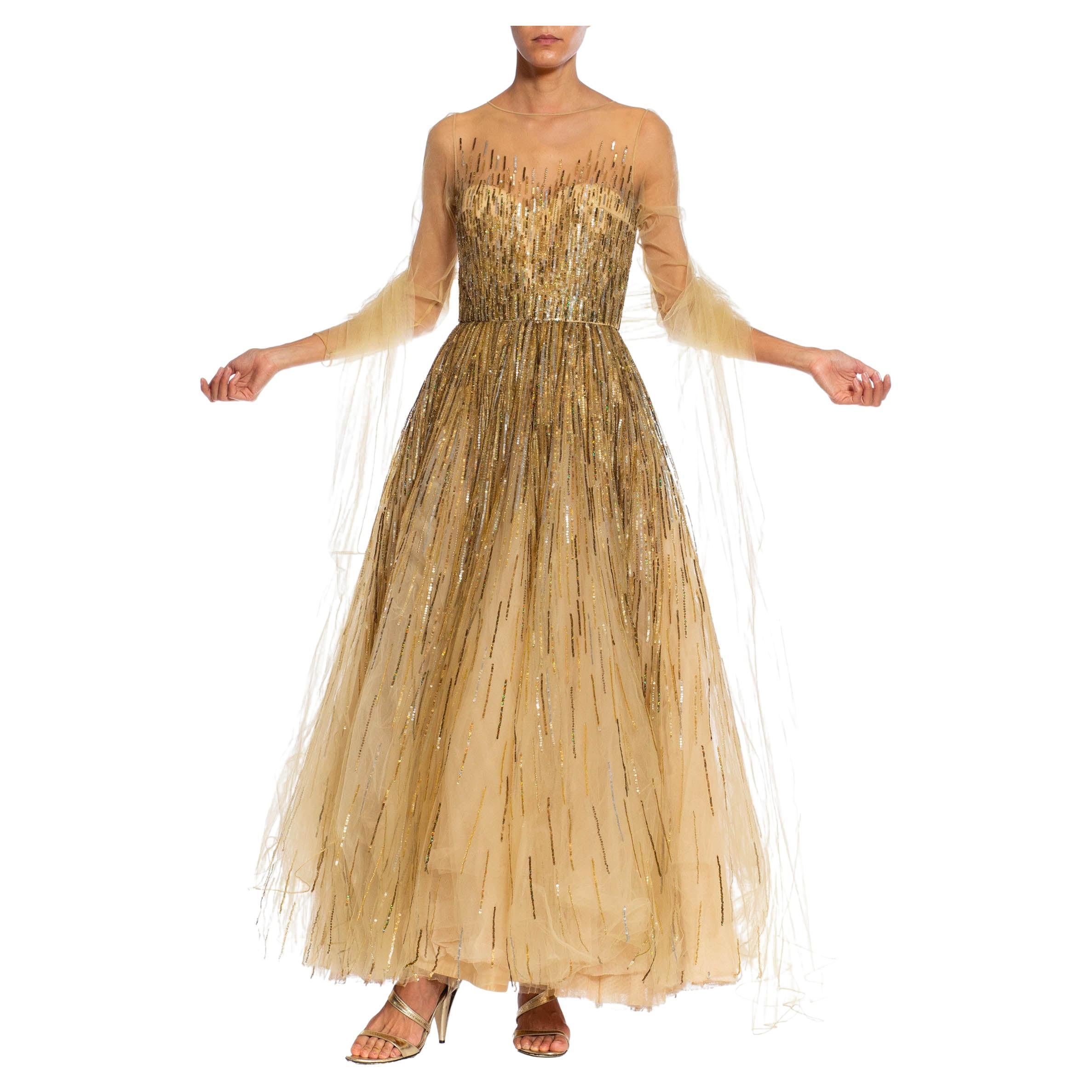 2000S OSCAR DE LA RENTA Champagne Beaded Tulle Gown & Shawl For Sale