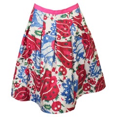 2000s Oscar de la Renta Red and Blue Floral Print Skirt