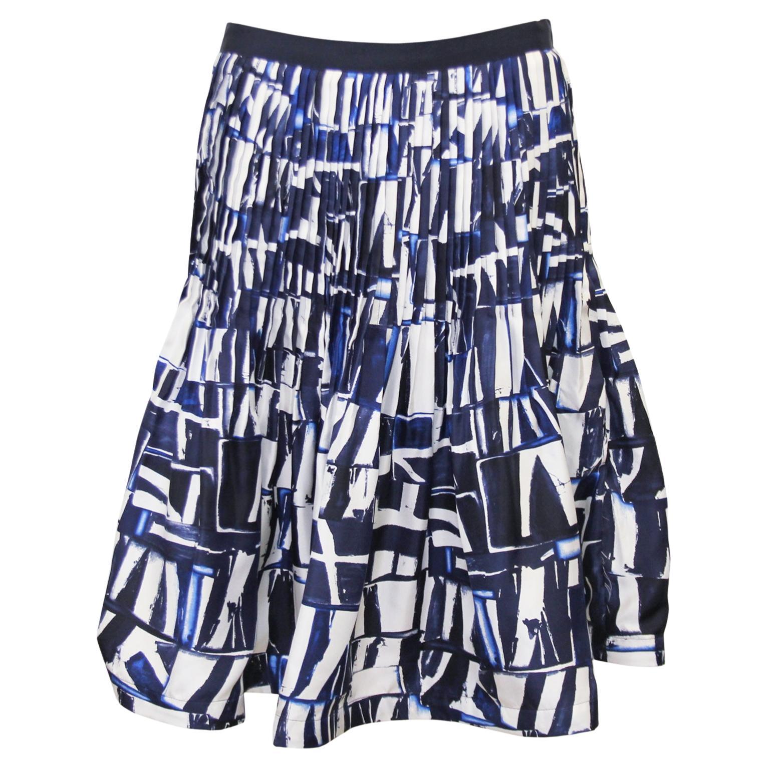 2000s Oscar de la Renta Silk Blue Abstract Skirt