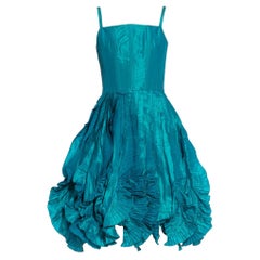2000S Oscar De La Renta Teal Silk Taffeta Pleated & Ruffled Balloon Skirt Cockt