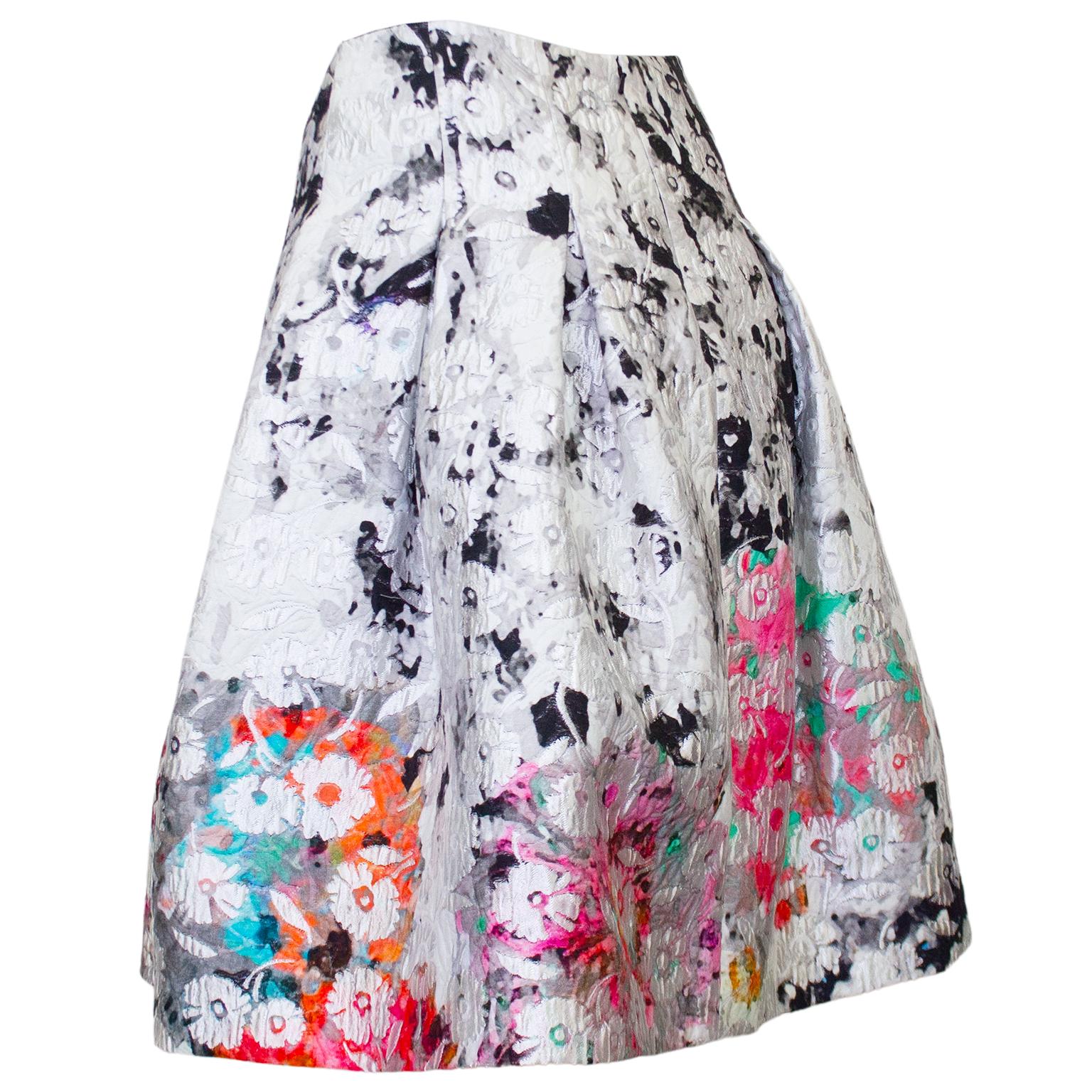 Gray 2000s Oscar De La Renta Watercolor Flower Skirt For Sale