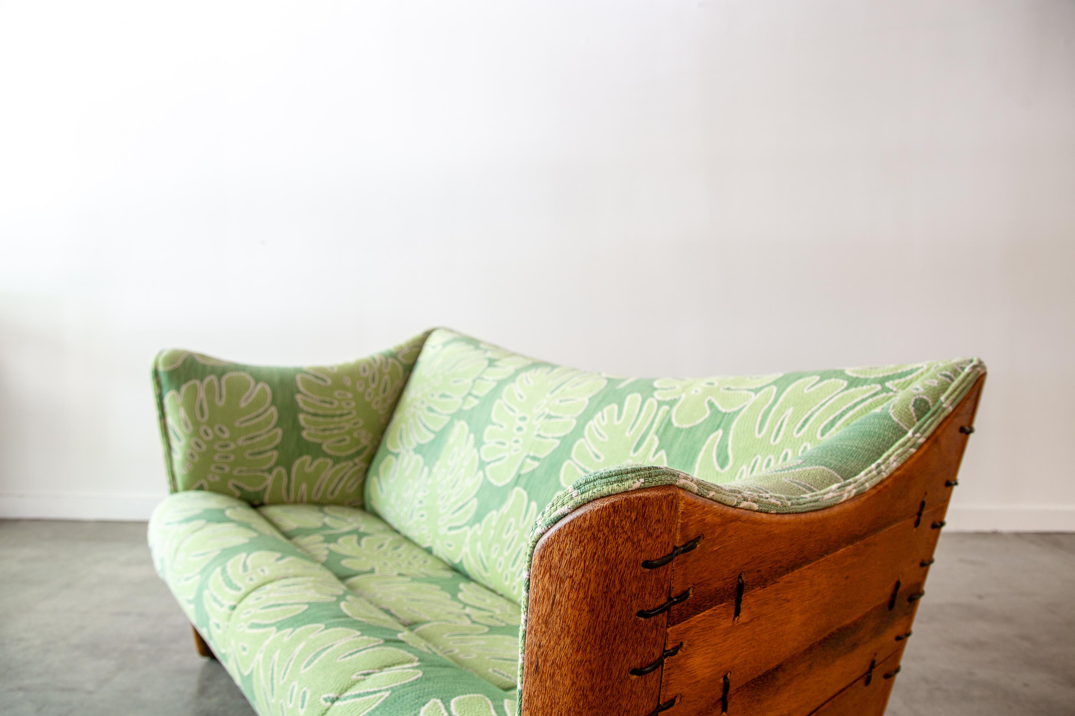Bohemian 2000s Pacific Green Cayenne Loveseat Sofa in new Palm Leaf Upholstery Palm wood