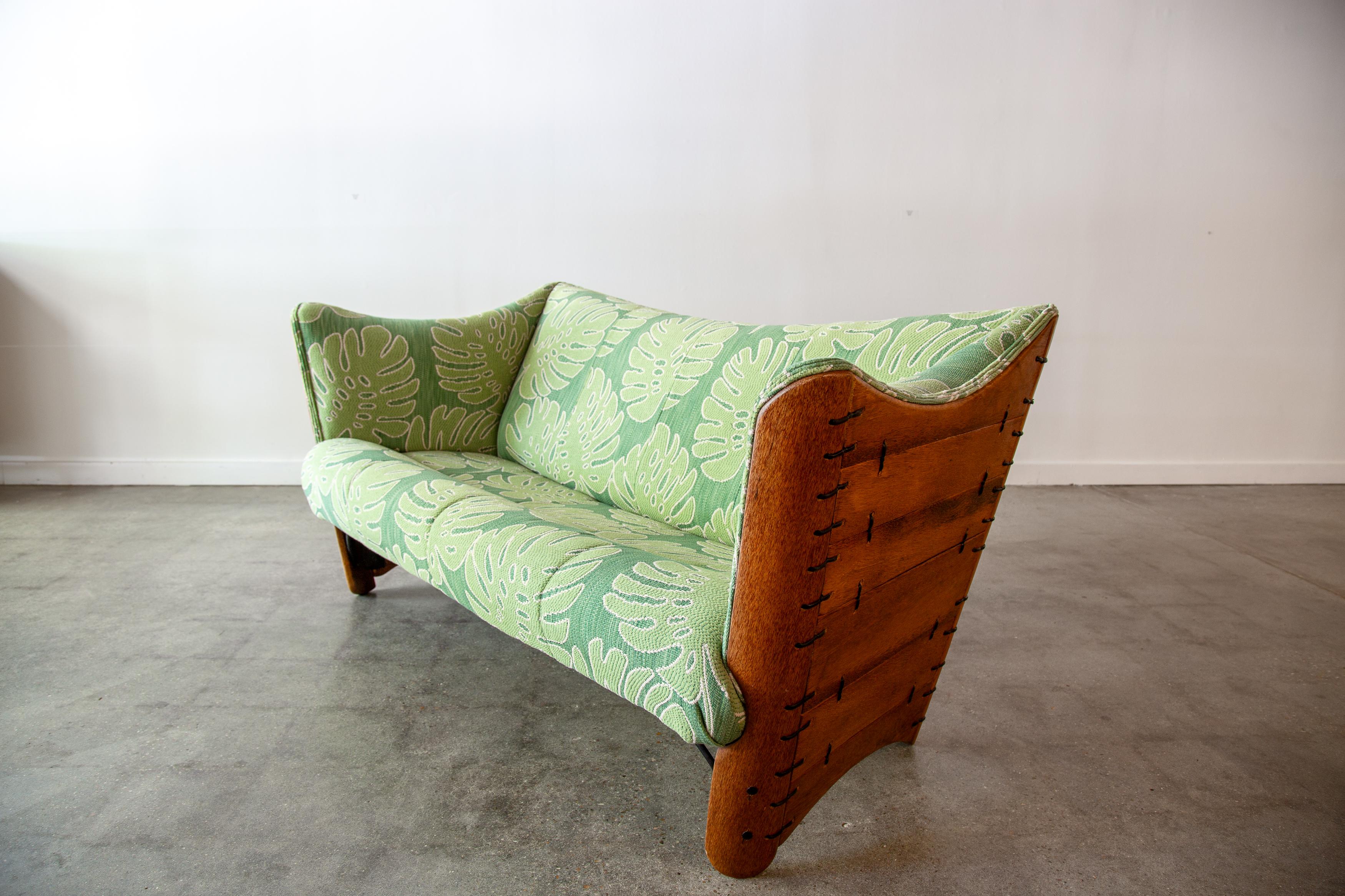 Fijian 2000s Pacific Green Cayenne Loveseat Sofa in new Palm Leaf Upholstery Palm wood