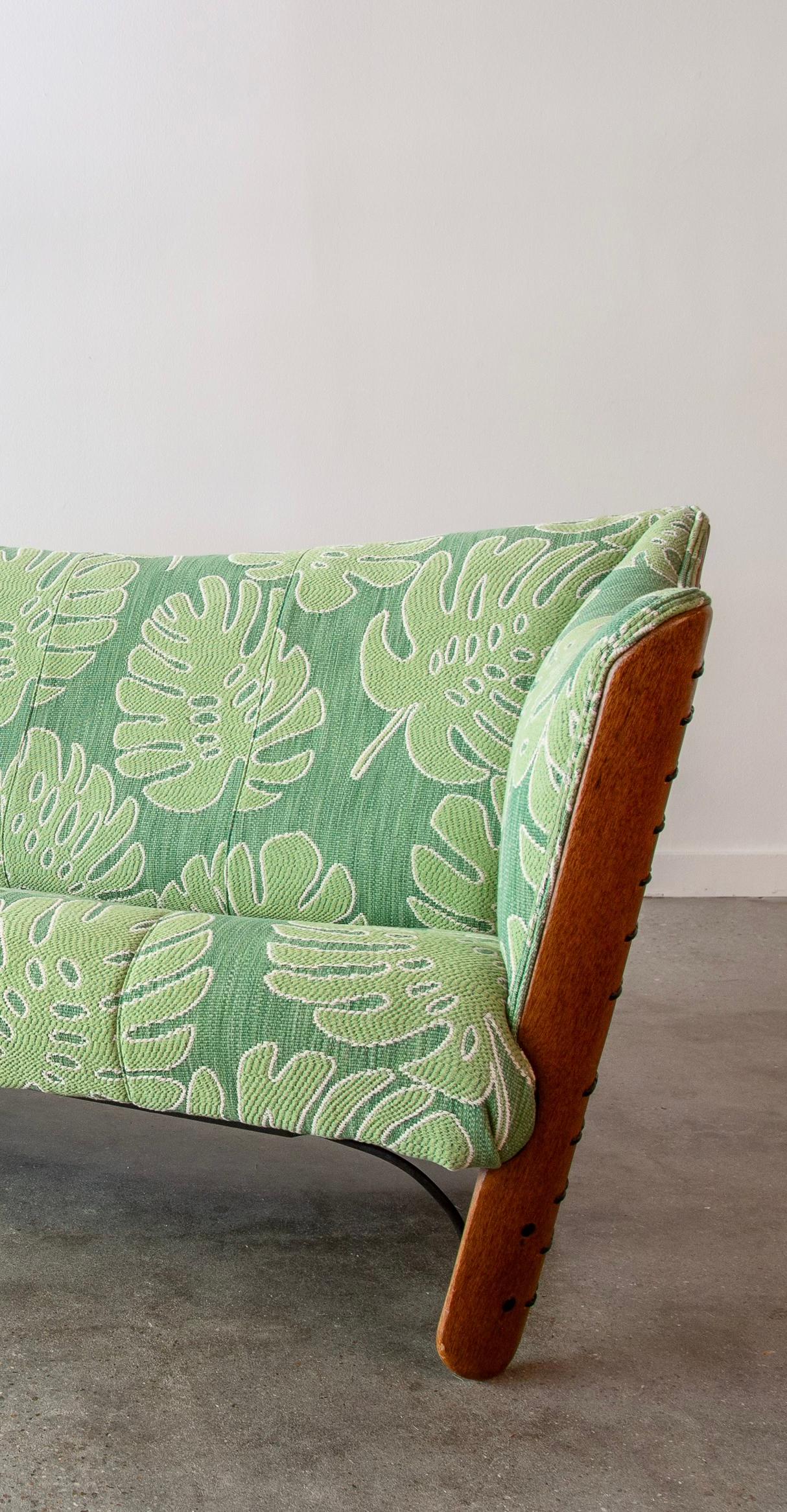 2000s Pacific Green Cayenne Loveseat Sofa in new Palm Leaf Upholstery Palm wood 1