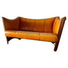 2000s Pacific Green "Cayenne" two seater Sofa Cognac Leather and Palm wood 