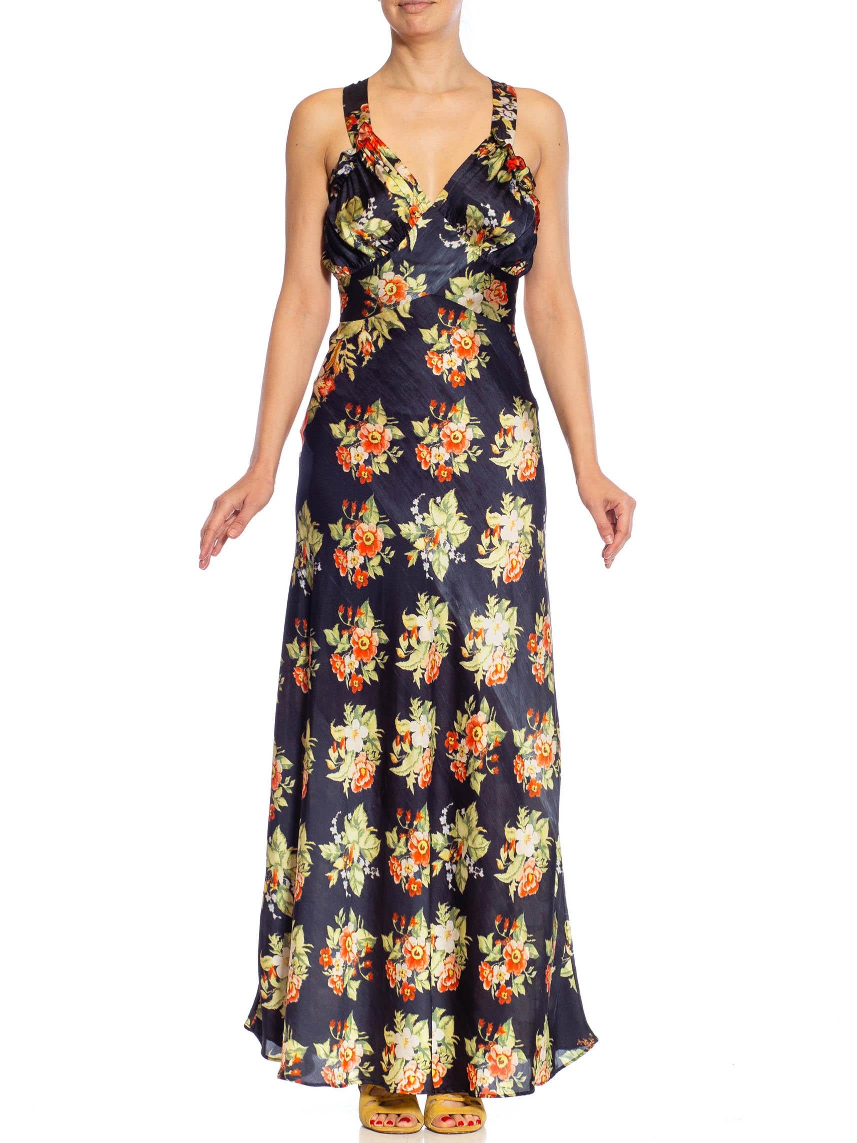 2000S PACO RABANNE Red, Forest & Lime Green Floral Bias Cut Gown In Excellent Condition In New York, NY