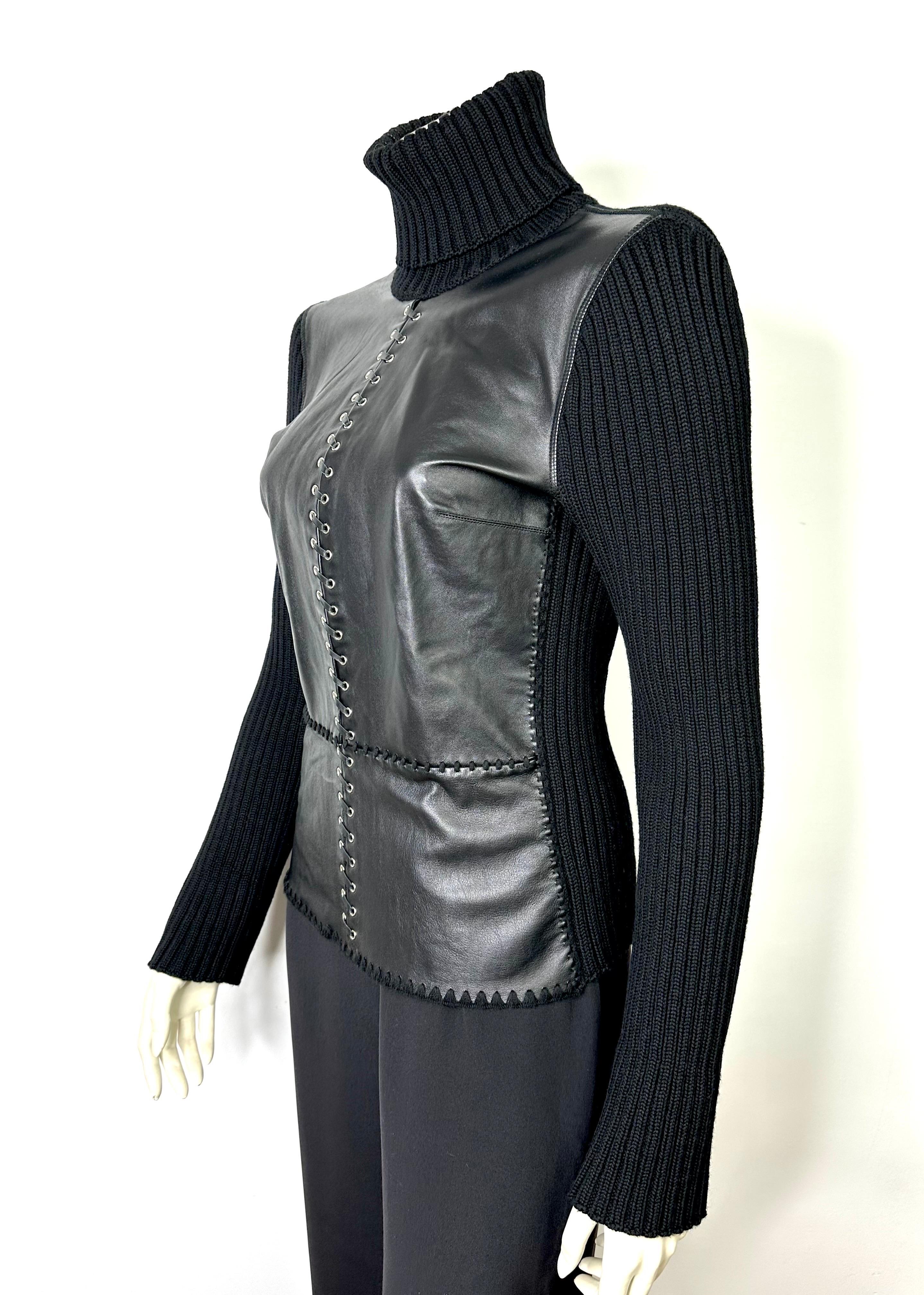 2000's Paco Rabanne wool and leather rollneck For Sale 3