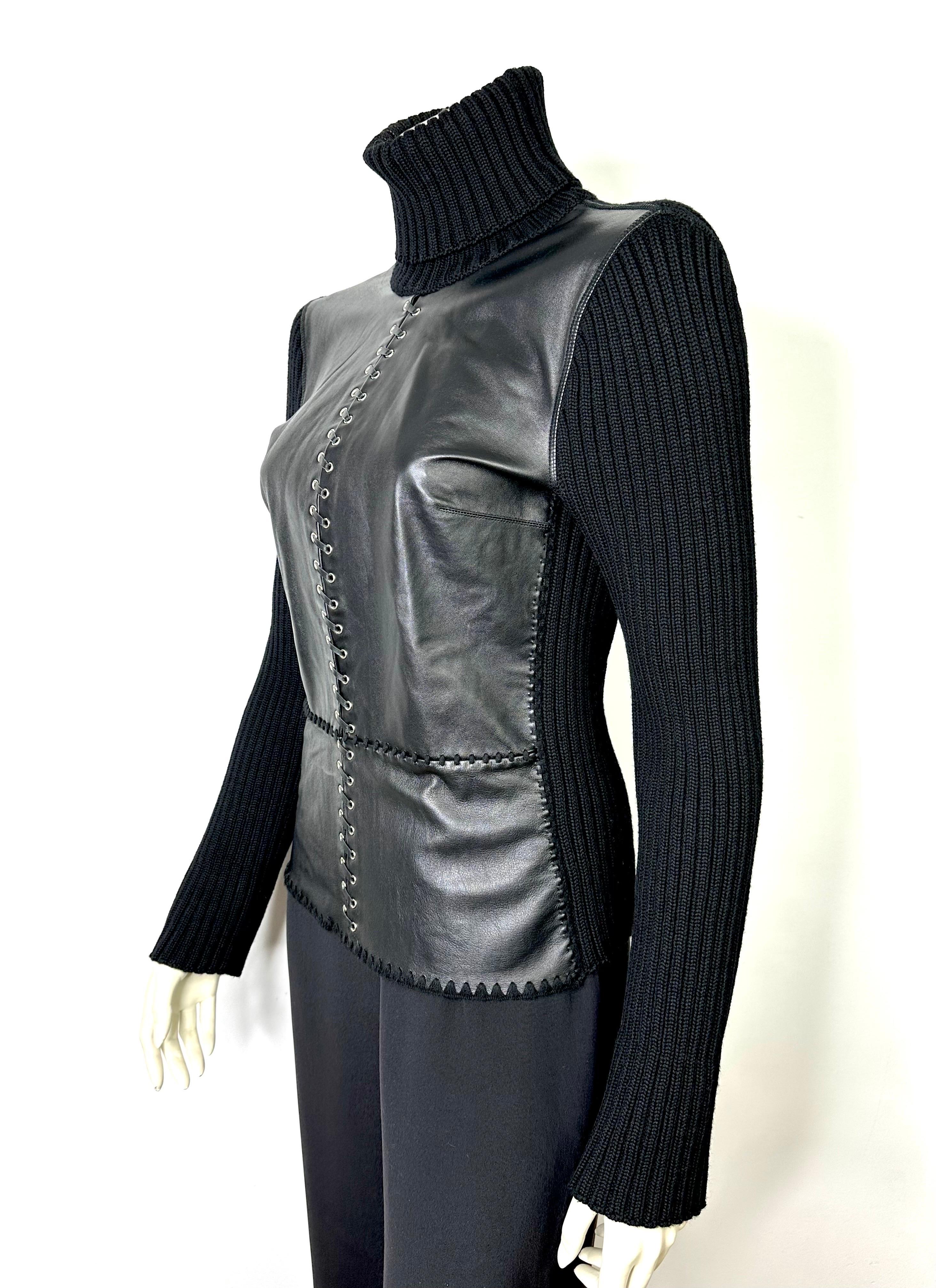 2000's Paco Rabanne wool and leather rollneck For Sale 4