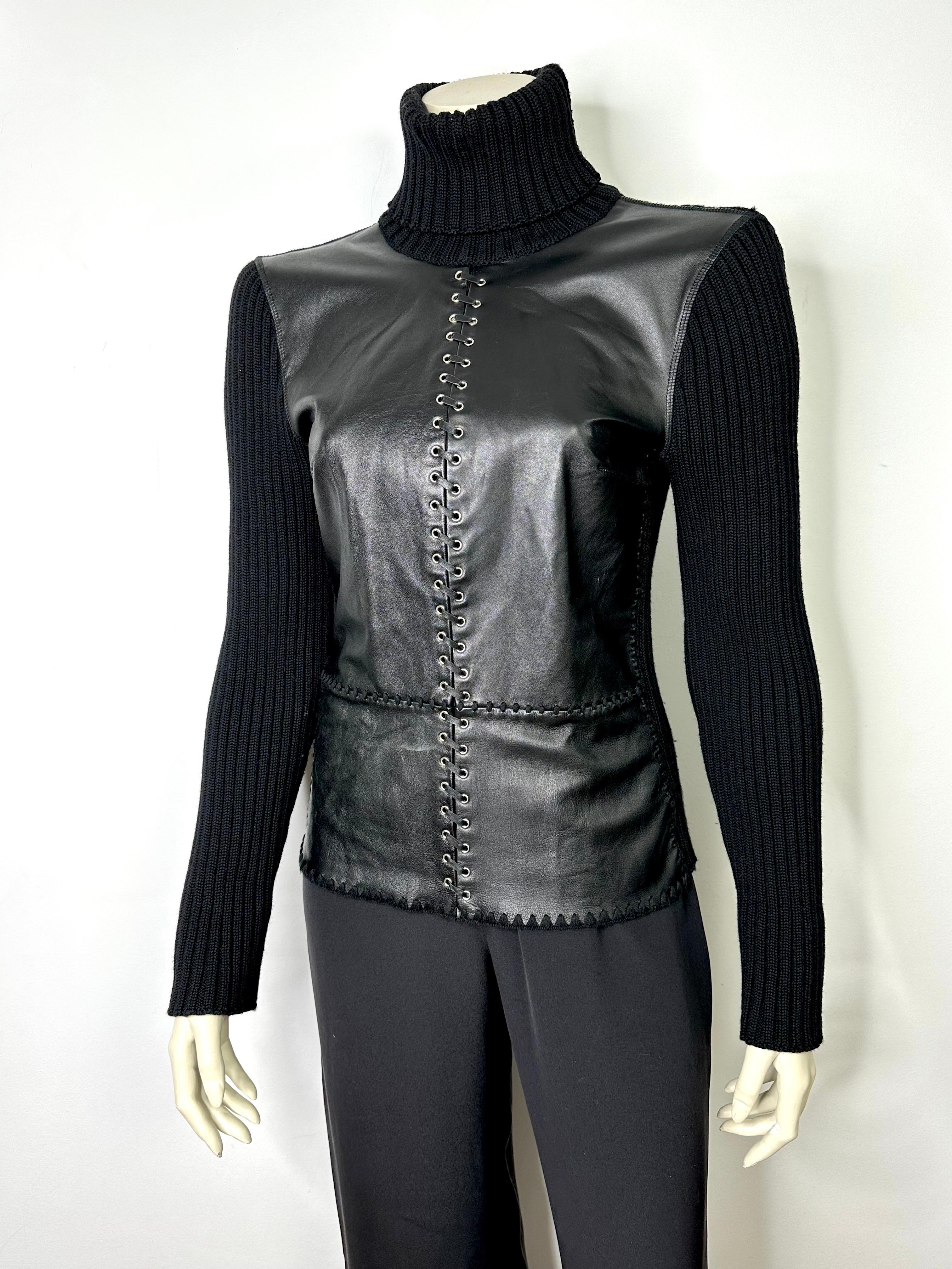 2000's Paco Rabanne wool and leather rollneck For Sale 5