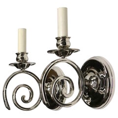 2000s Mid-Century Modern Polished Nickel Over Cast Brass Swirl Arm Sconces, Pair