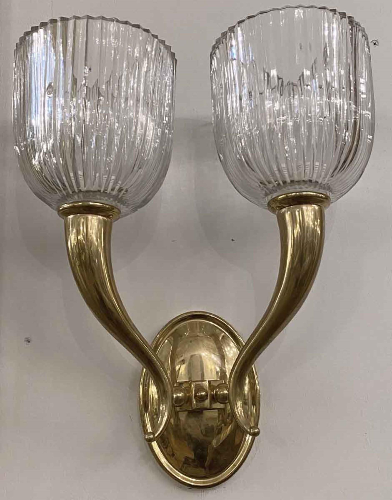 Pair of Modern Italian Brass and Crystal Wall Sconces, 2 Arm, Fluted Shades In Good Condition In New York, NY