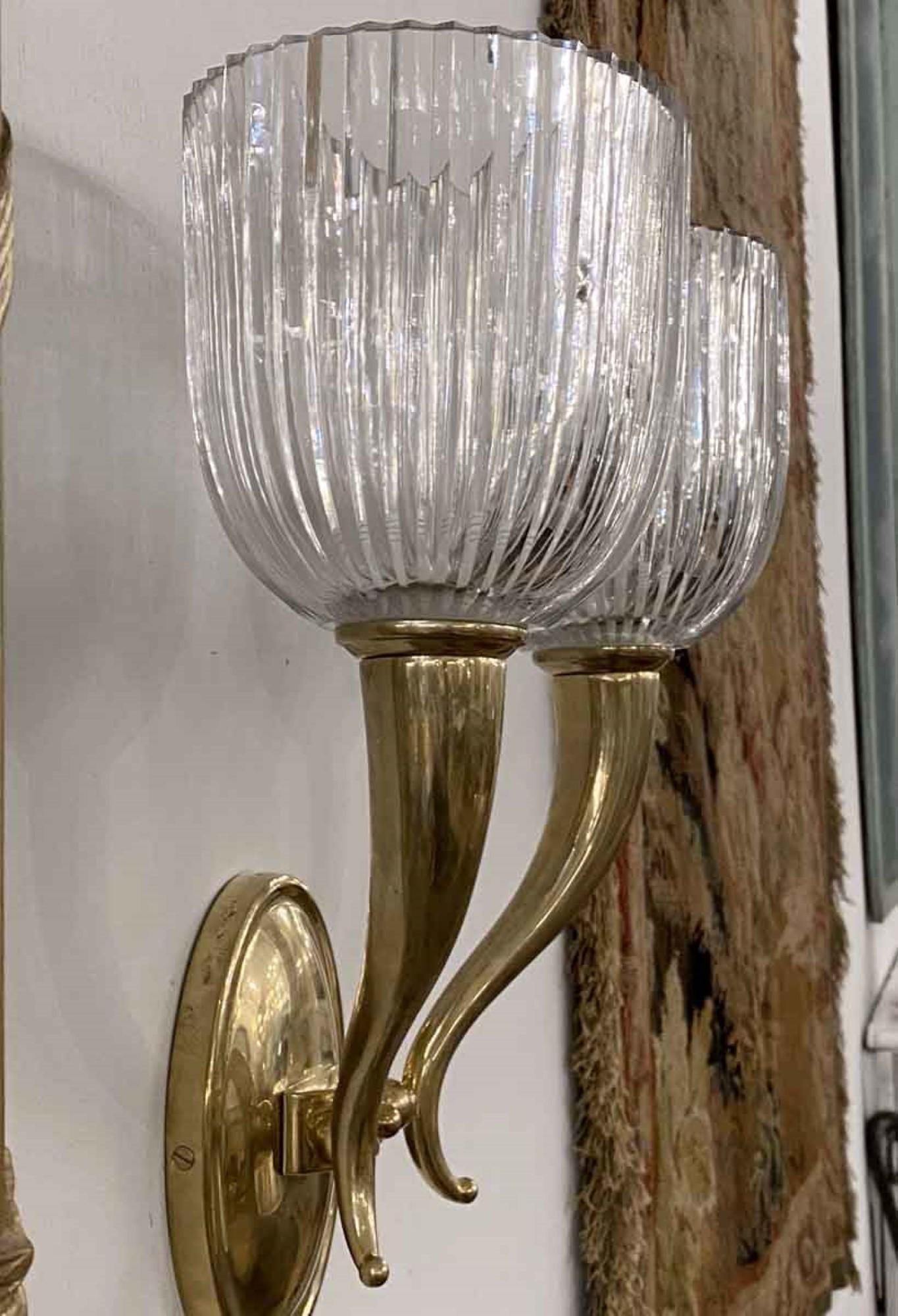 Contemporary Pair of Modern Italian Brass and Crystal Wall Sconces, 2 Arm, Fluted Shades