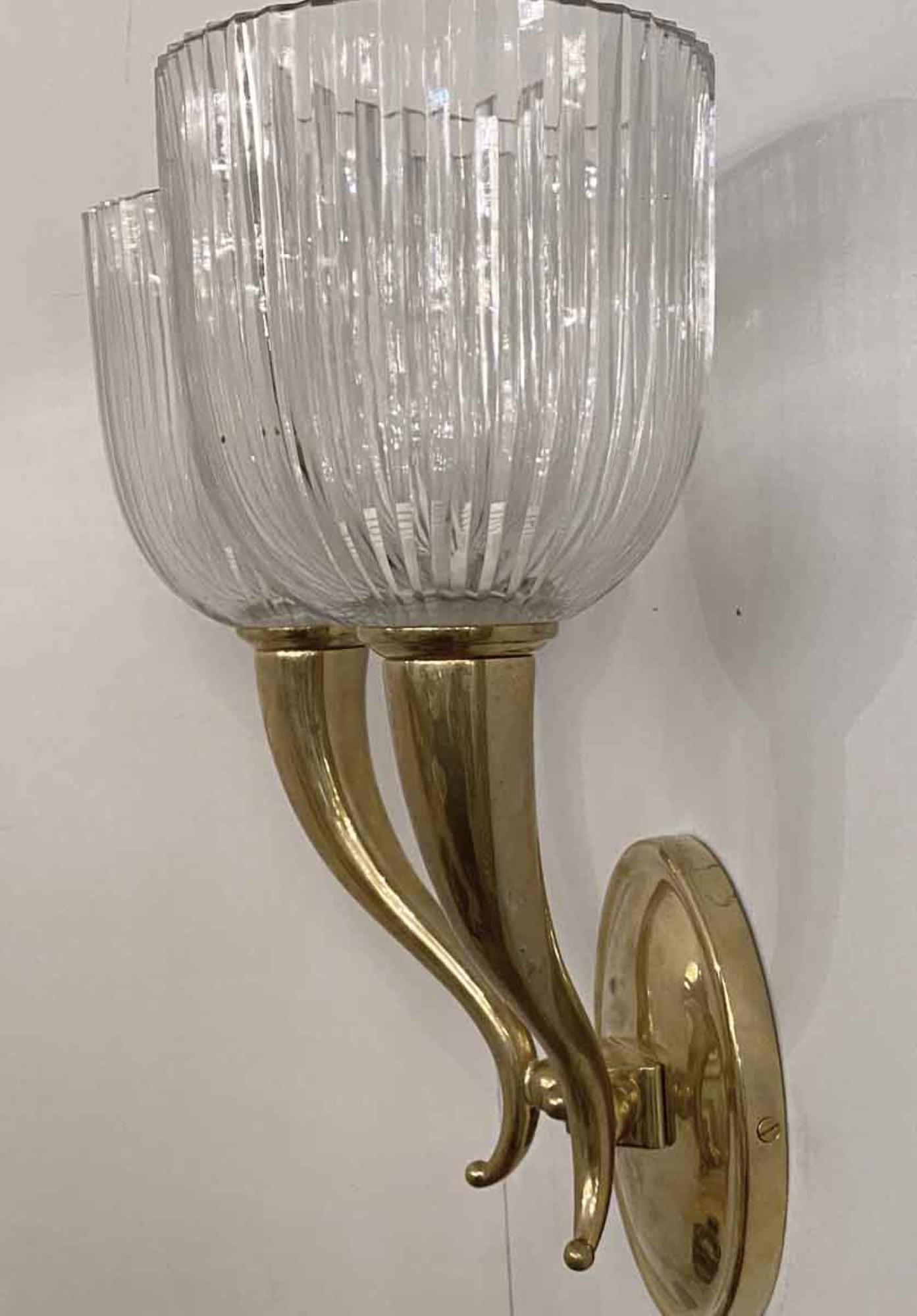 Pair of Modern Italian Brass and Crystal Wall Sconces, 2 Arm, Fluted Shades 1