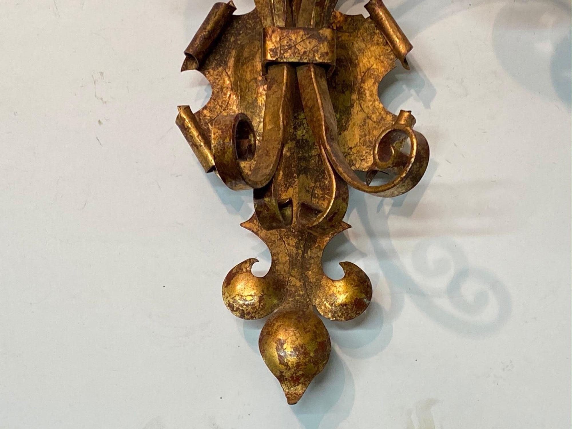 Contemporary 2000s Pair of Gothic Wall Sconces Gold Gilt Finish Over Wrought Iron
