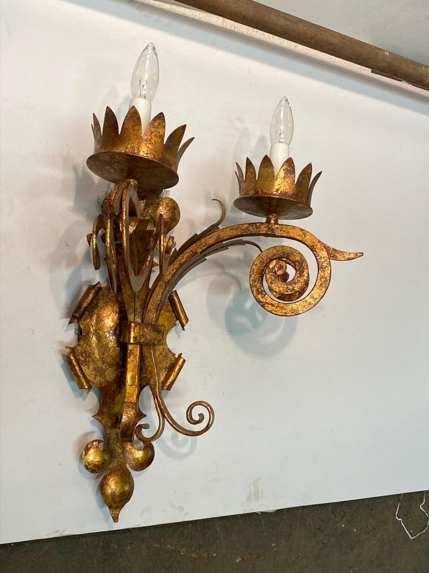 2000s Pair of Gothic Wall Sconces Gold Gilt Finish Over Wrought Iron 1