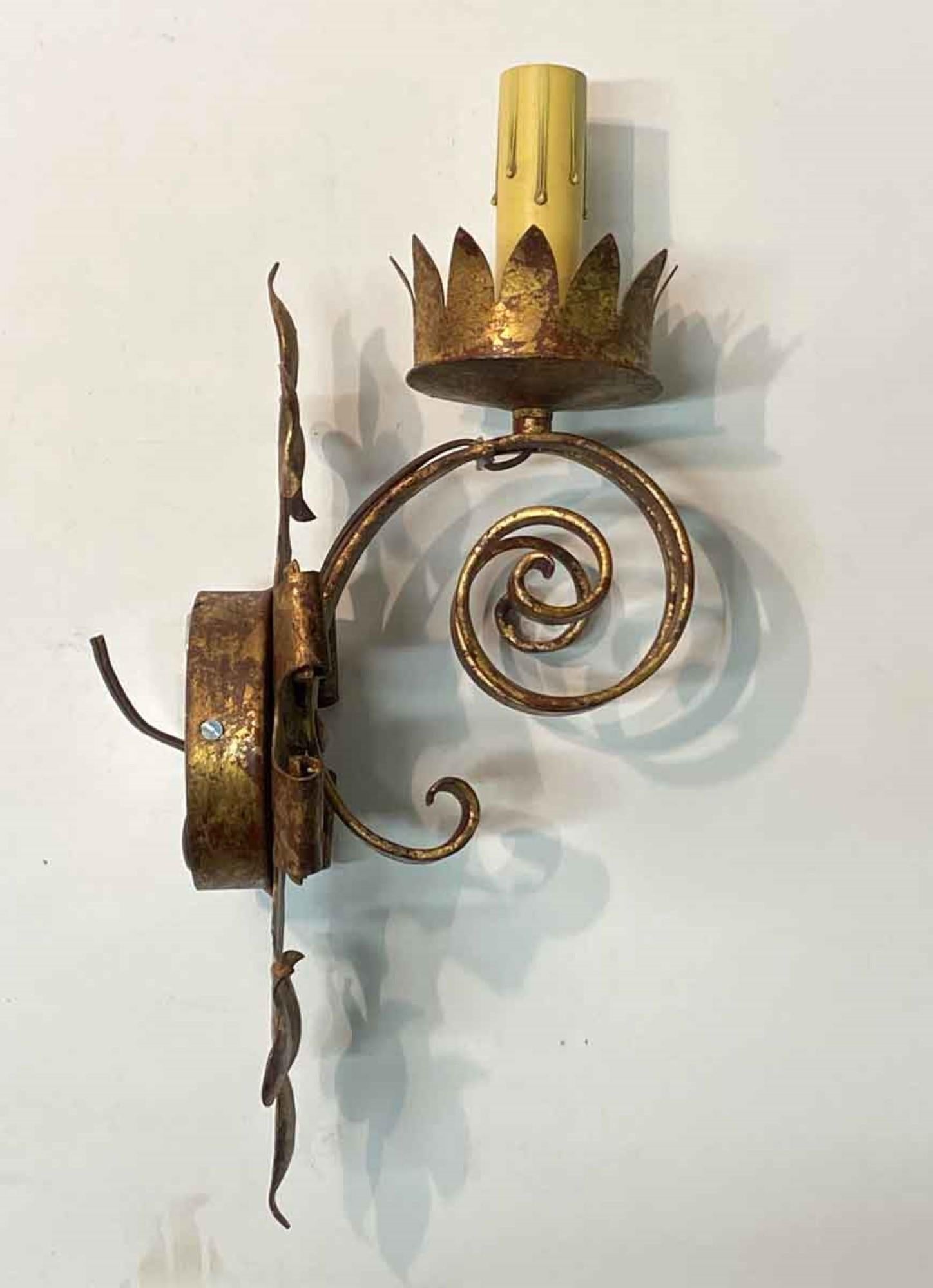 2000s Pair of Gothic Wall Sconces Gold Gilt Finish Over Wrought Iron 3