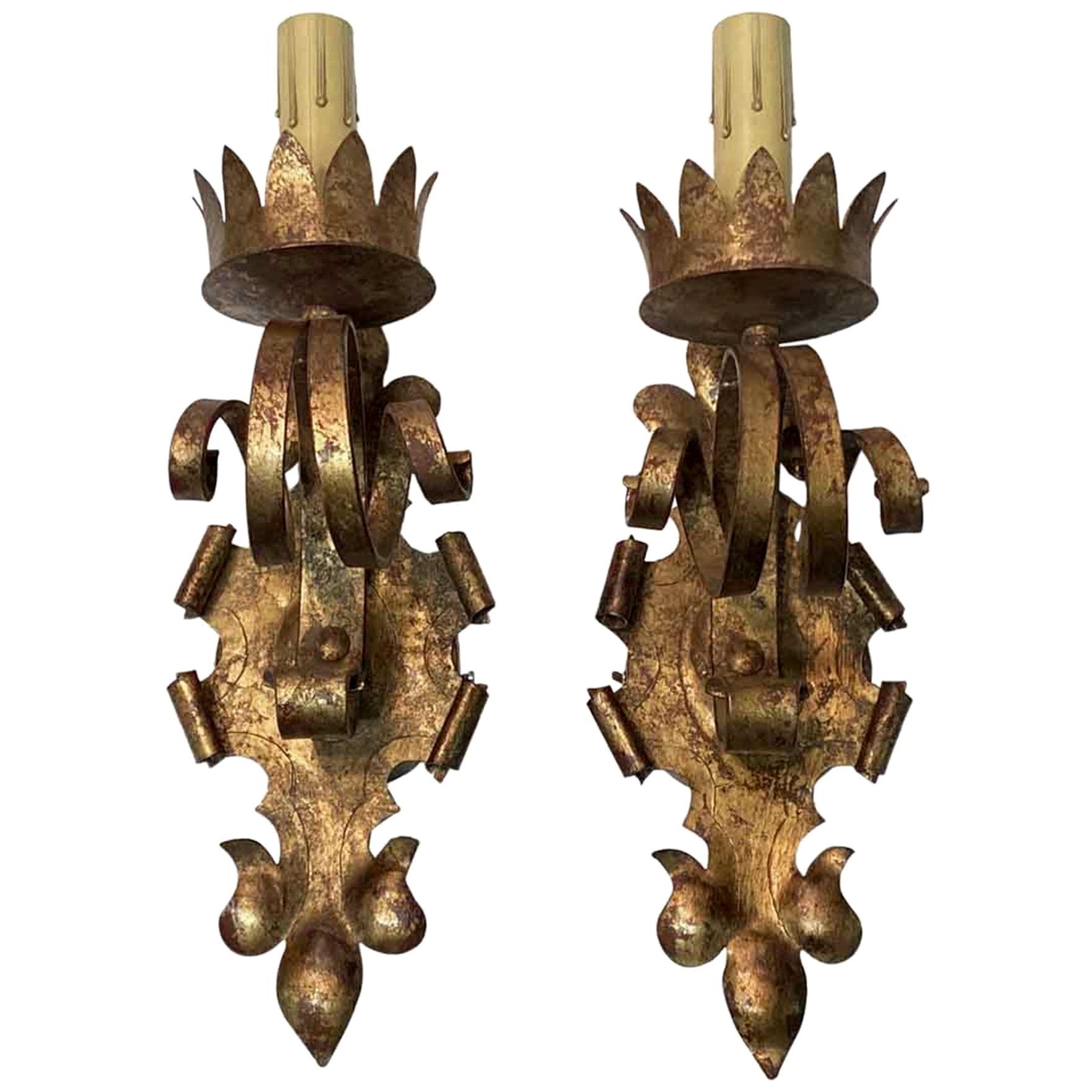 2000s Pair of Gothic Wall Sconces Gold Gilt Finish Over Wrought Iron