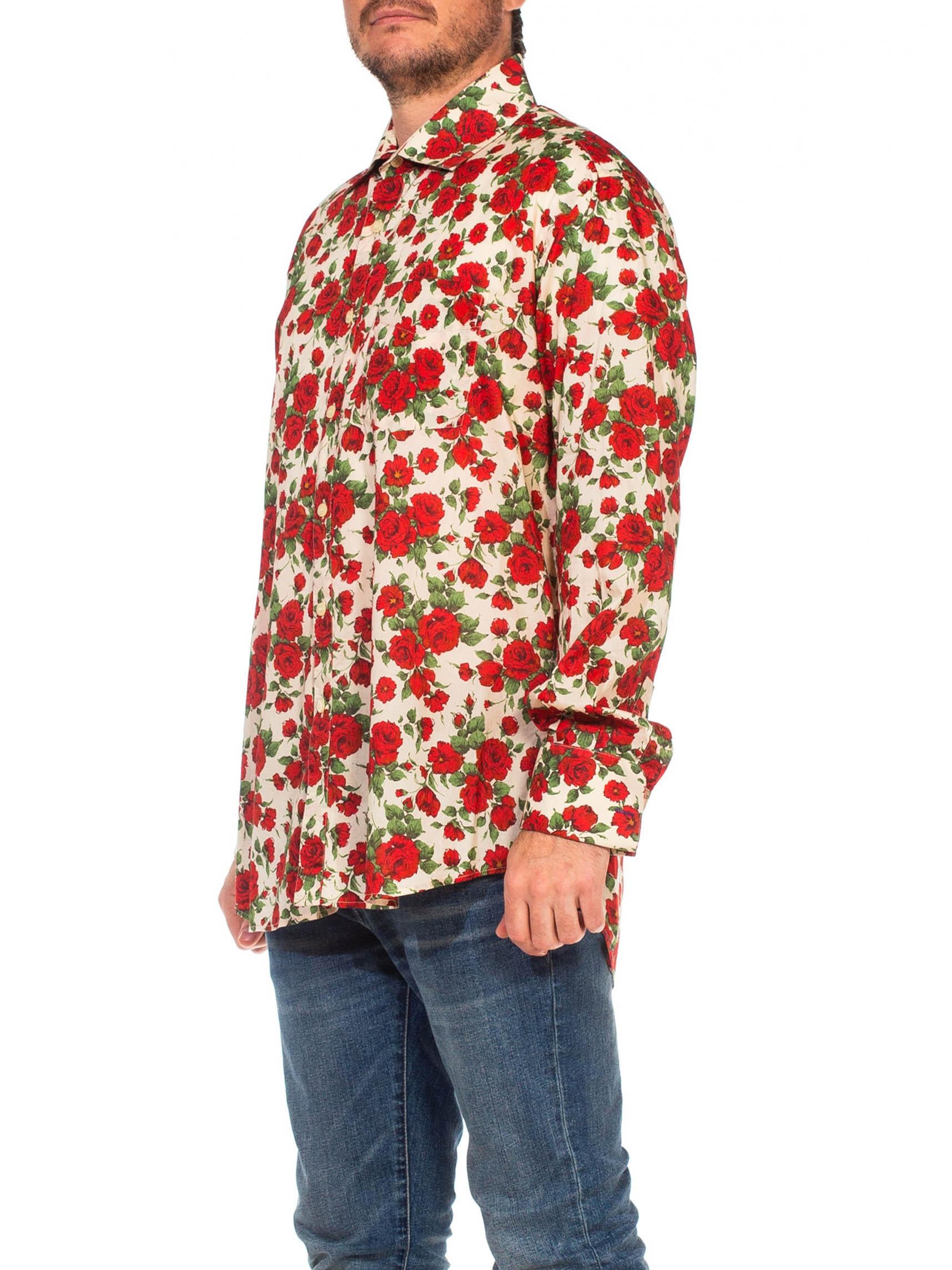 2000S PAUL SMITH Red Rose Floral Print Cotton Long Sleeve French Cuff Men's Shirt