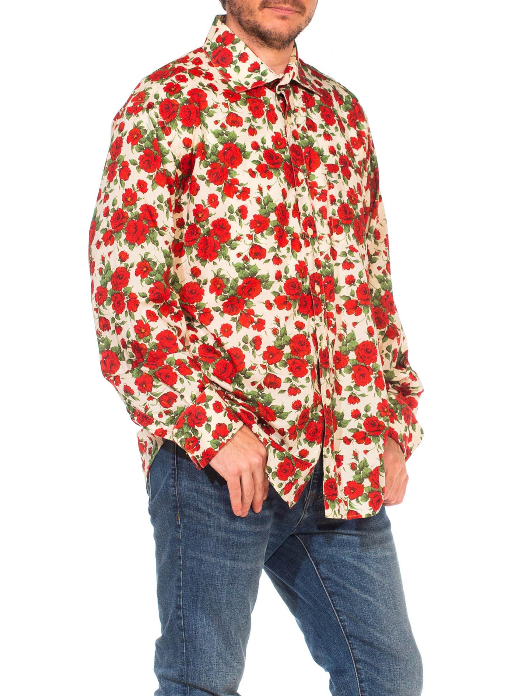Brown 2000S PAUL SMITH Red Rose Floral Print Cotton Long Sleeve French Cuff Men's Shi For Sale