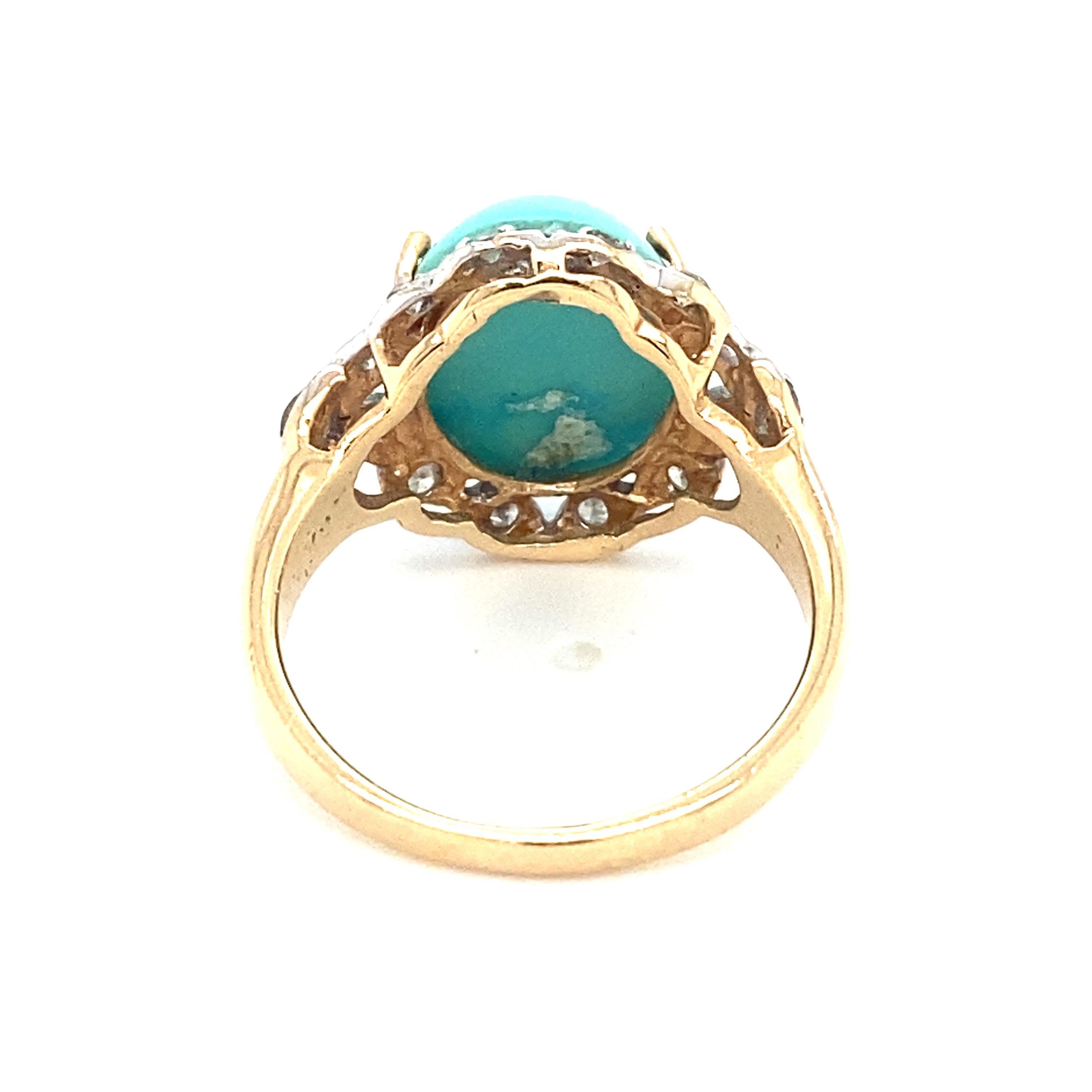 Item Details: This ring features a bright blue Persian turquoise stone with accent diamonds. The turquoise is set in 4 prongs and has beautiful diamond accent detailing and subtle etching on the gallery. The contrast between white and yellow gold