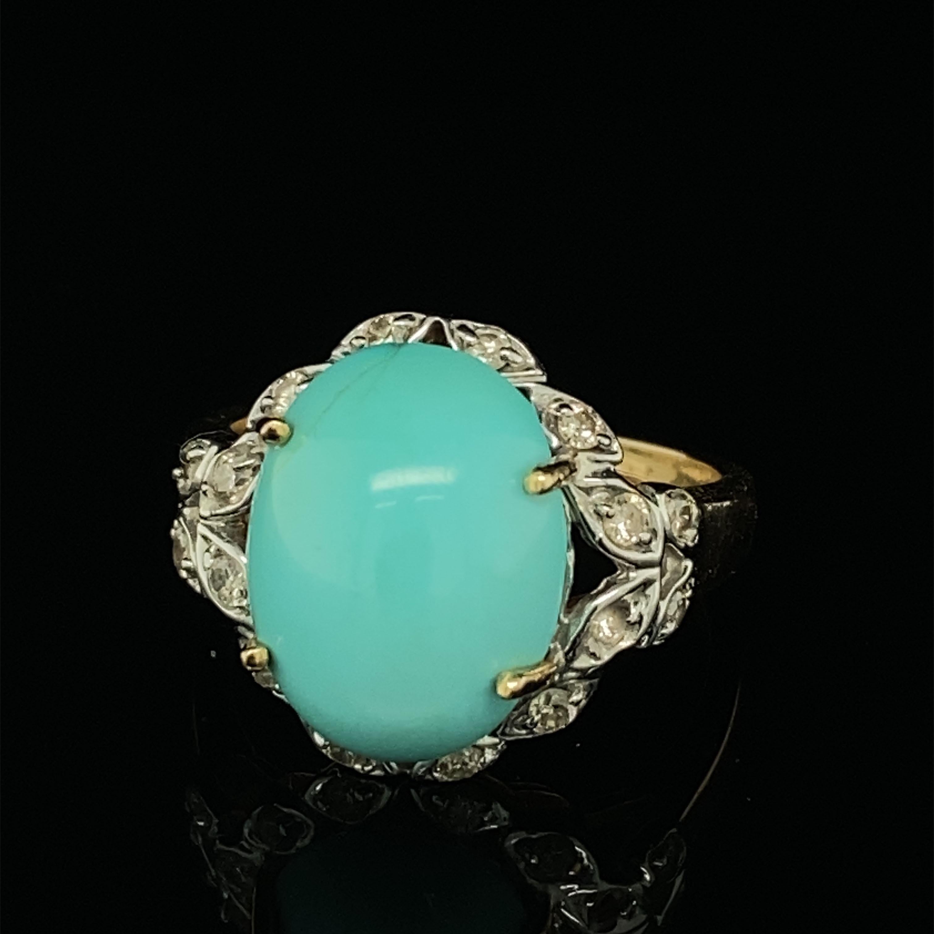 Cabochon 2000s Persian Turquoise and Diamond Ring in 14 Karat Gold For Sale
