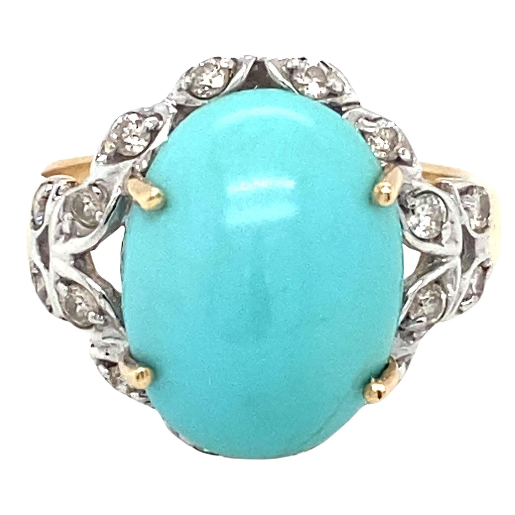 2000s Persian Turquoise and Diamond Ring in 14 Karat Gold