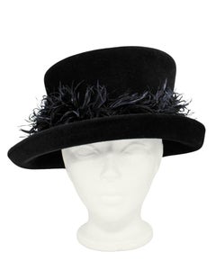 2000's Philip Treacy London Black Asymmetrical Felt Statement Hat with Feathers