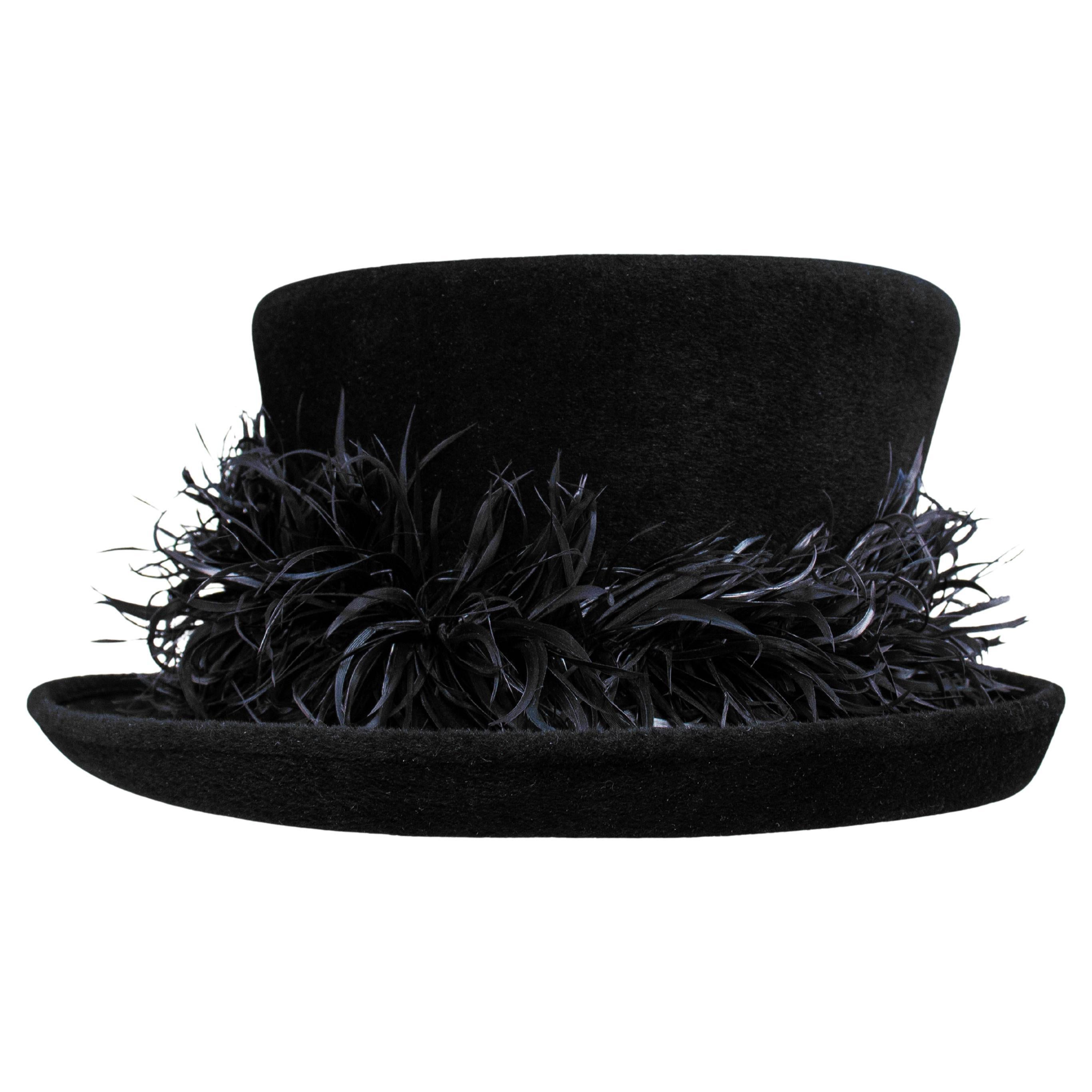 2000's Philip Treacy London Black Asymmetrical Felt Statement Hat with Feathers
