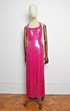2000’s Pink Hand Beaded & Sequinned Fuchsia Hot Pink Evening Dress