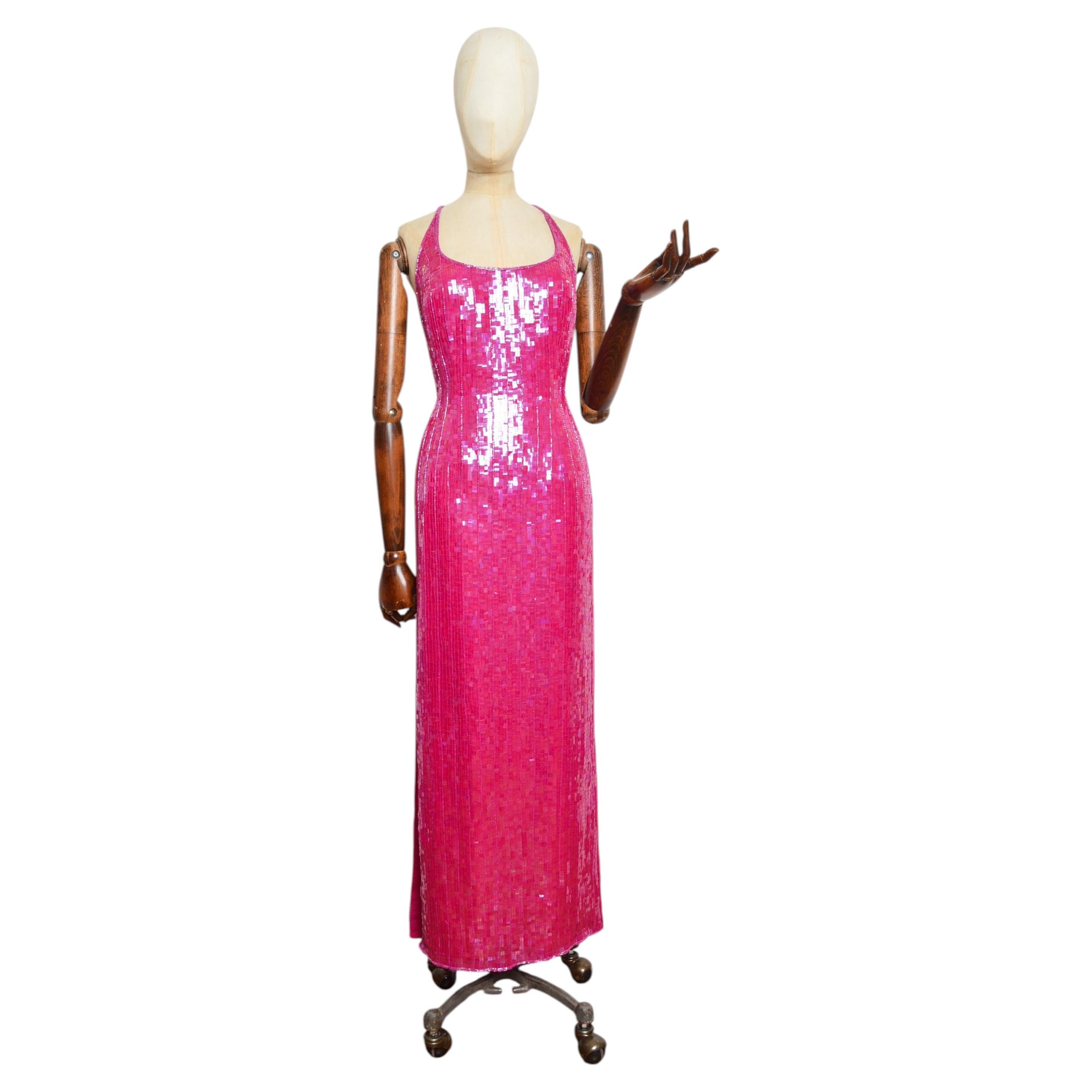 Fuchsia- und knallpinkes Abendkleid aus den 2000er-Jahren, von Hand mit Perlen und Pailletten verziert