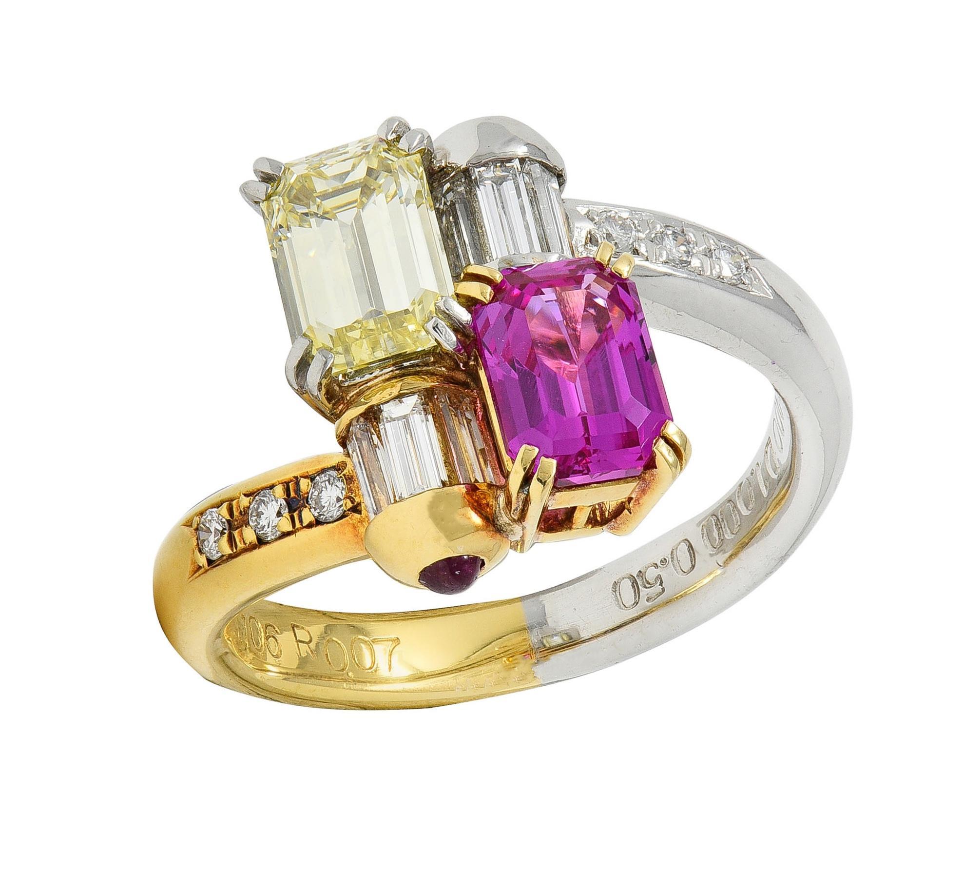 2000's Pink Sapphire Fancy Yellow Diamond Ruby Platinum 18K Gold Toi-Et-Moi Ring 5