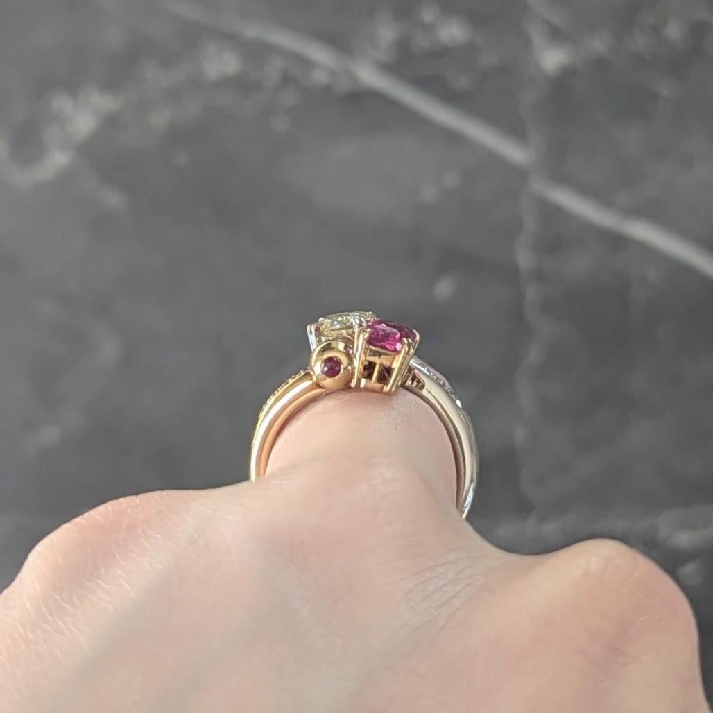 2000's Pink Sapphire Fancy Yellow Diamond Ruby Platinum 18K Gold Toi-Et-Moi Ring 6