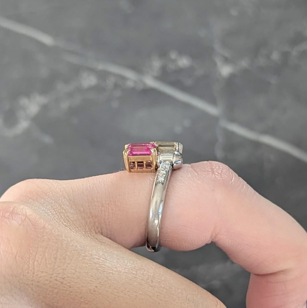 2000's Pink Sapphire Fancy Yellow Diamond Ruby Platinum 18K Gold Toi-Et-Moi Ring 7