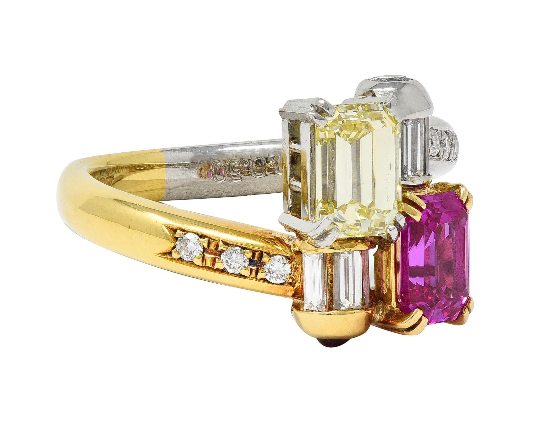 Emerald Cut 2000's Pink Sapphire Fancy Yellow Diamond Ruby Platinum 18K Gold Toi-Et-Moi Ring
