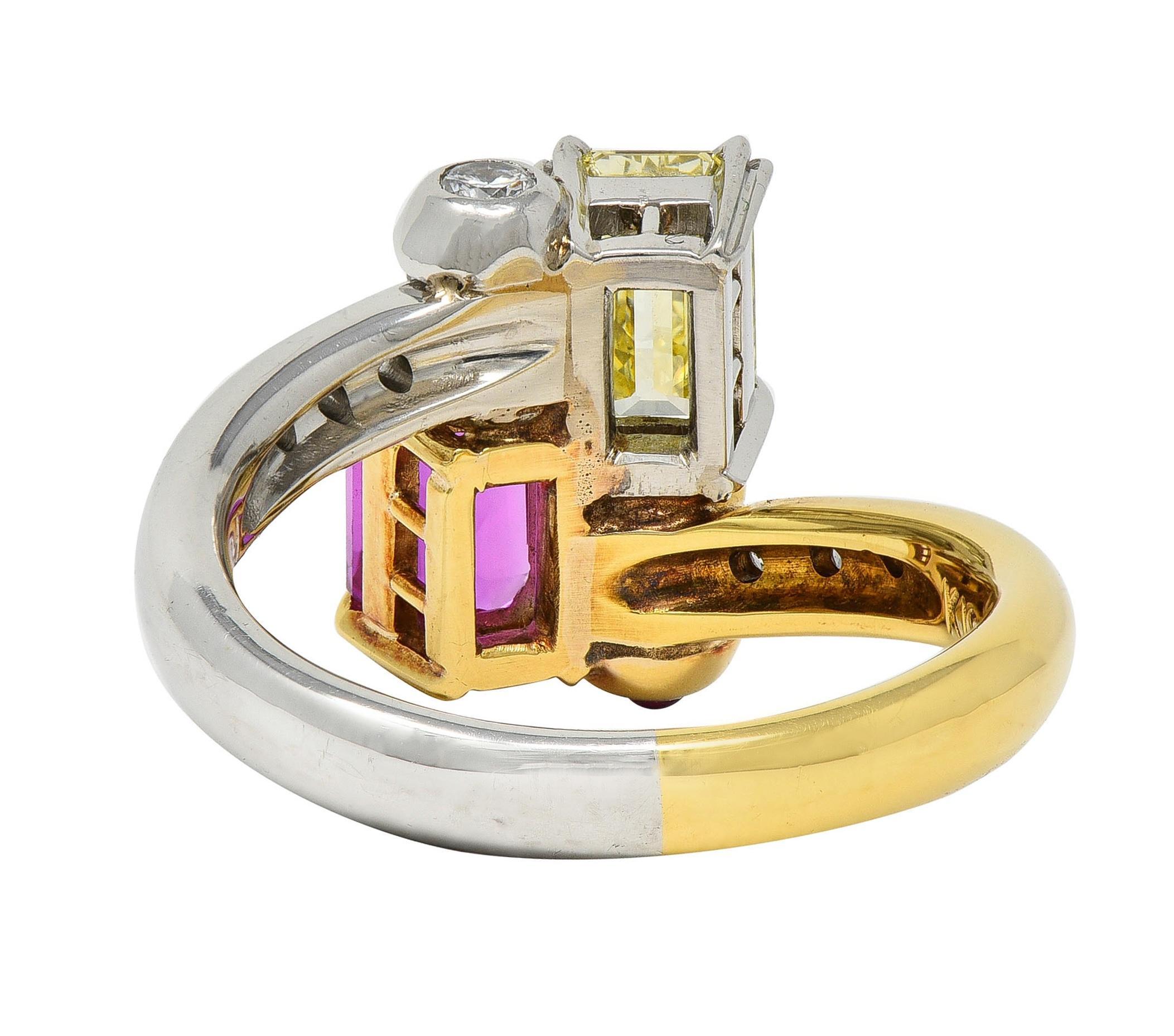 2000's Pink Sapphire Fancy Yellow Diamond Ruby Platinum 18K Gold Toi-Et-Moi Ring In Excellent Condition In Philadelphia, PA