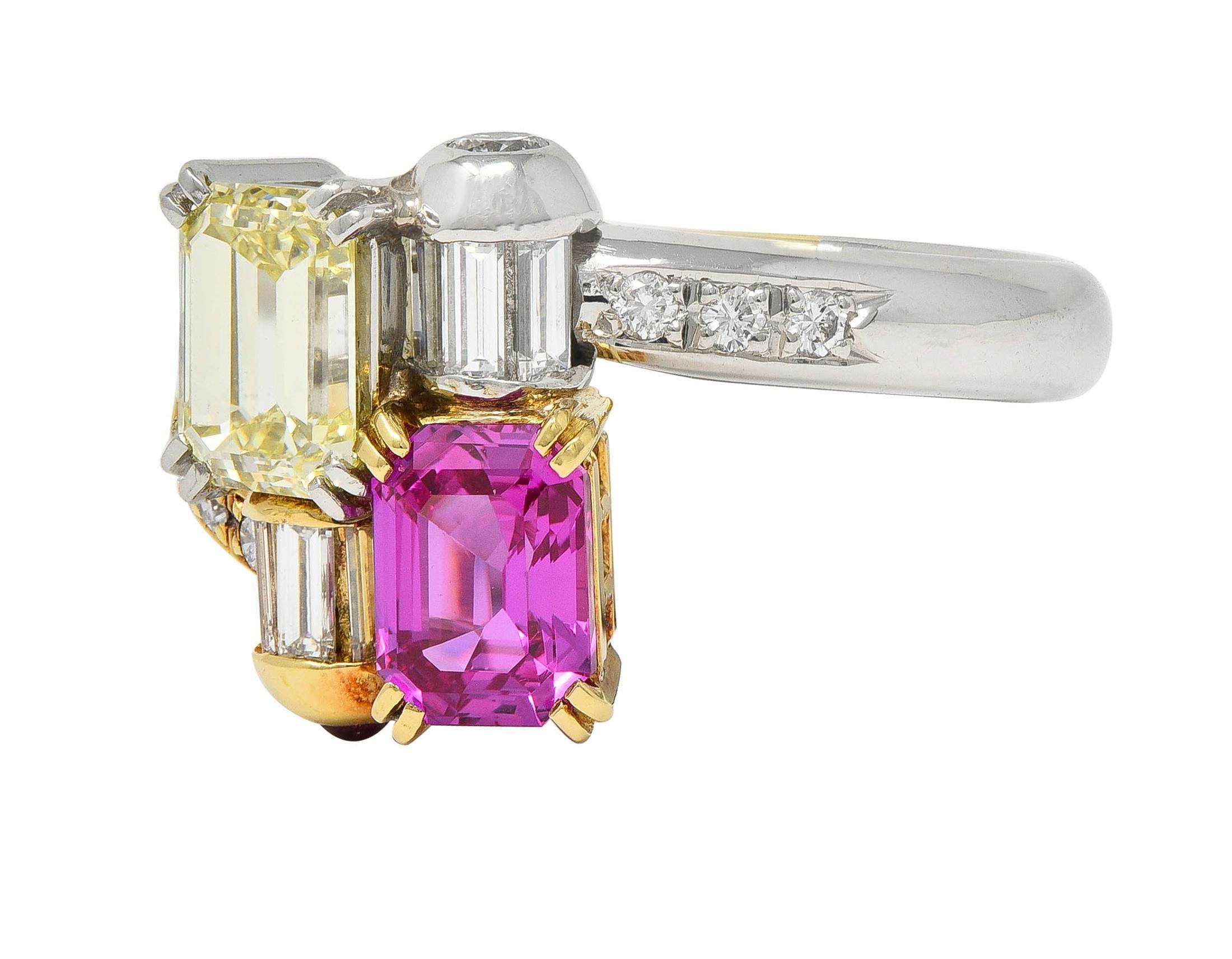 Women's or Men's 2000's Pink Sapphire Fancy Yellow Diamond Ruby Platinum 18K Gold Toi-Et-Moi Ring