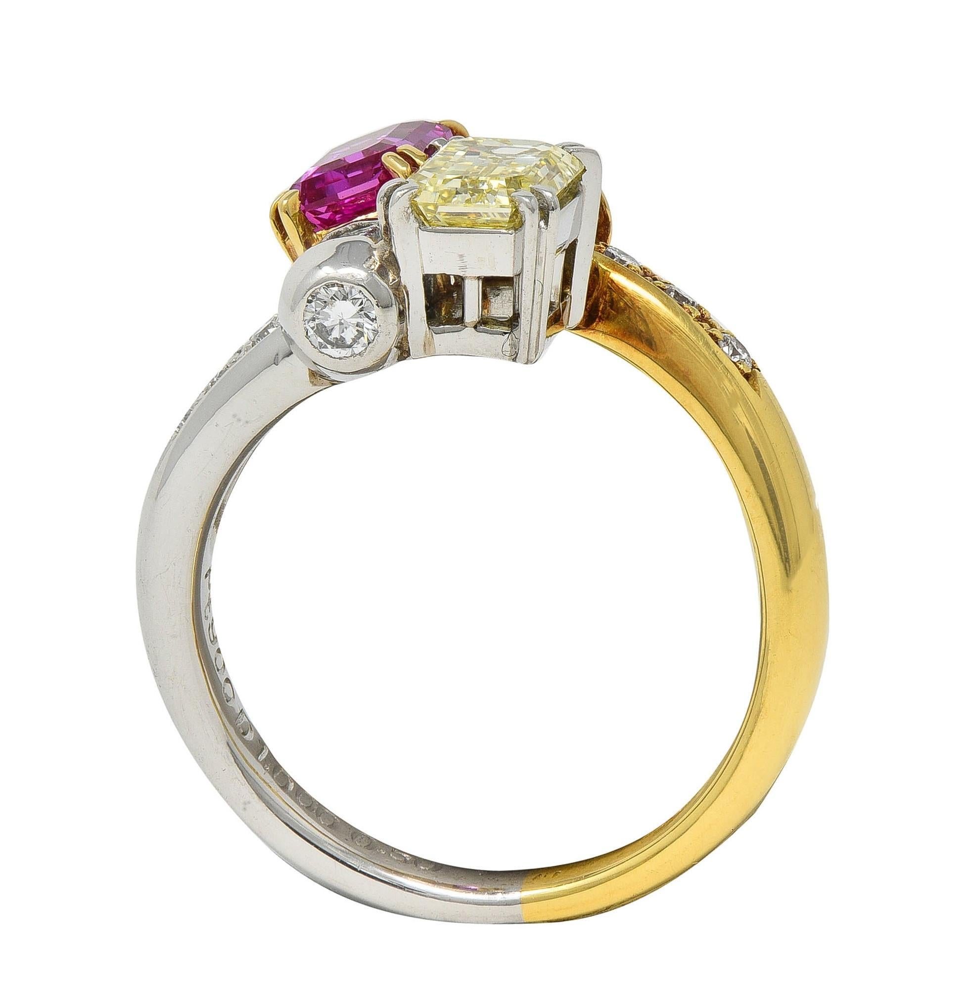 2000's Pink Sapphire Fancy Yellow Diamond Ruby Platinum 18K Gold Toi-Et-Moi Ring 3