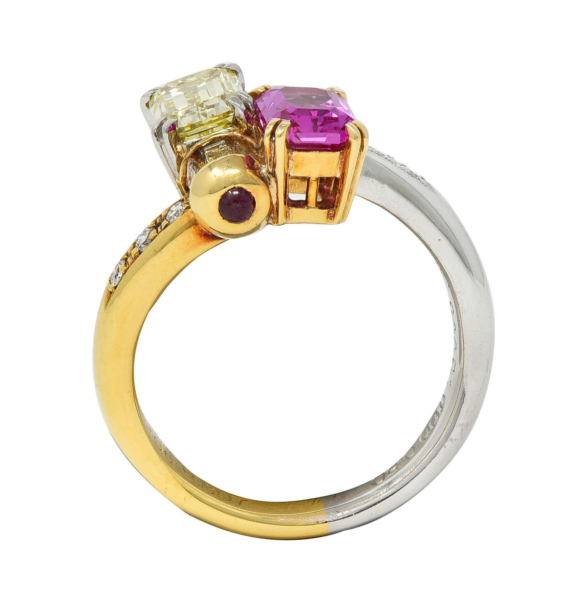 2000's Pink Sapphire Fancy Yellow Diamond Ruby Platinum 18K Gold Toi-Et-Moi Ring 4