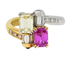 2000's Pink Sapphire Fancy Yellow Diamond Ruby Platinum 18K Gold Toi-Et-Moi Ring