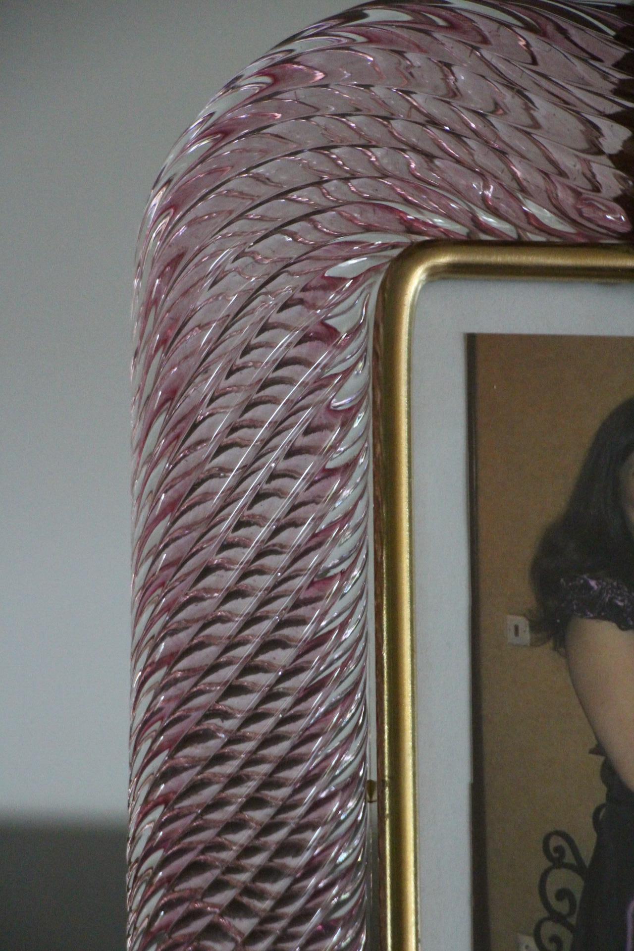 2000's Pink Twisted Murano Glass and Brass Photo Frame by Barovier e Toso For Sale 6