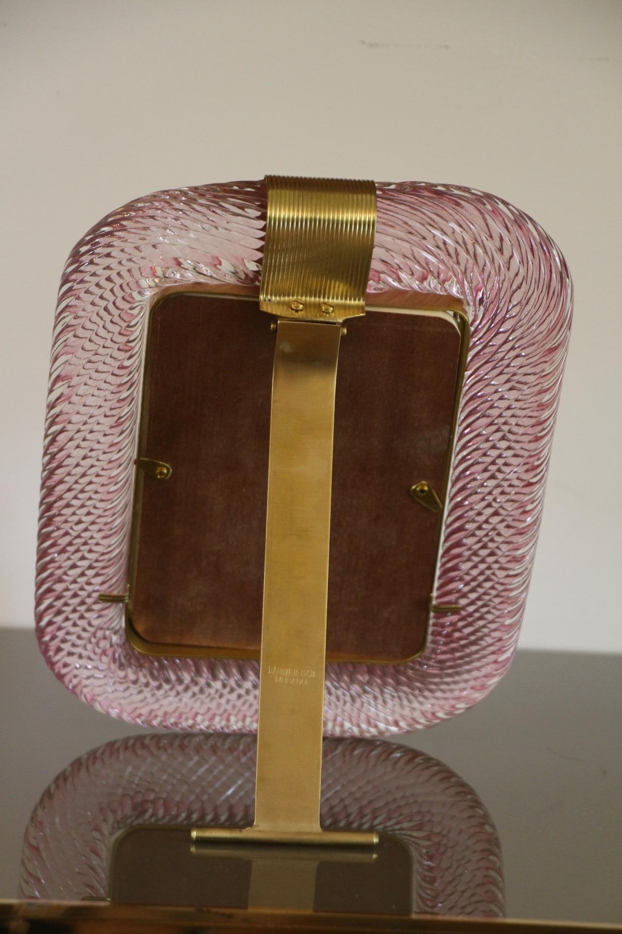 Italian 2000's Pink Twisted Murano Glass and Brass Photo Frame by Barovier e Toso