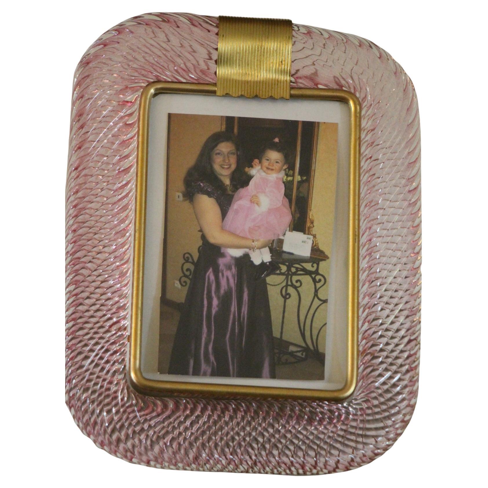 2000's Pink Twisted Murano Glass and Brass Photo Frame by Barovier e Toso