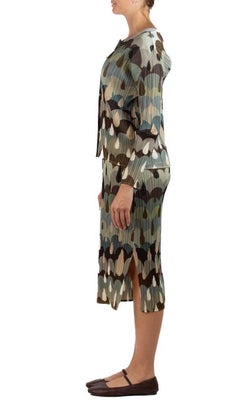 2000S Pleats Please Issey Miyake Oyster Grey Polyester Rain Print Dress & Cardi