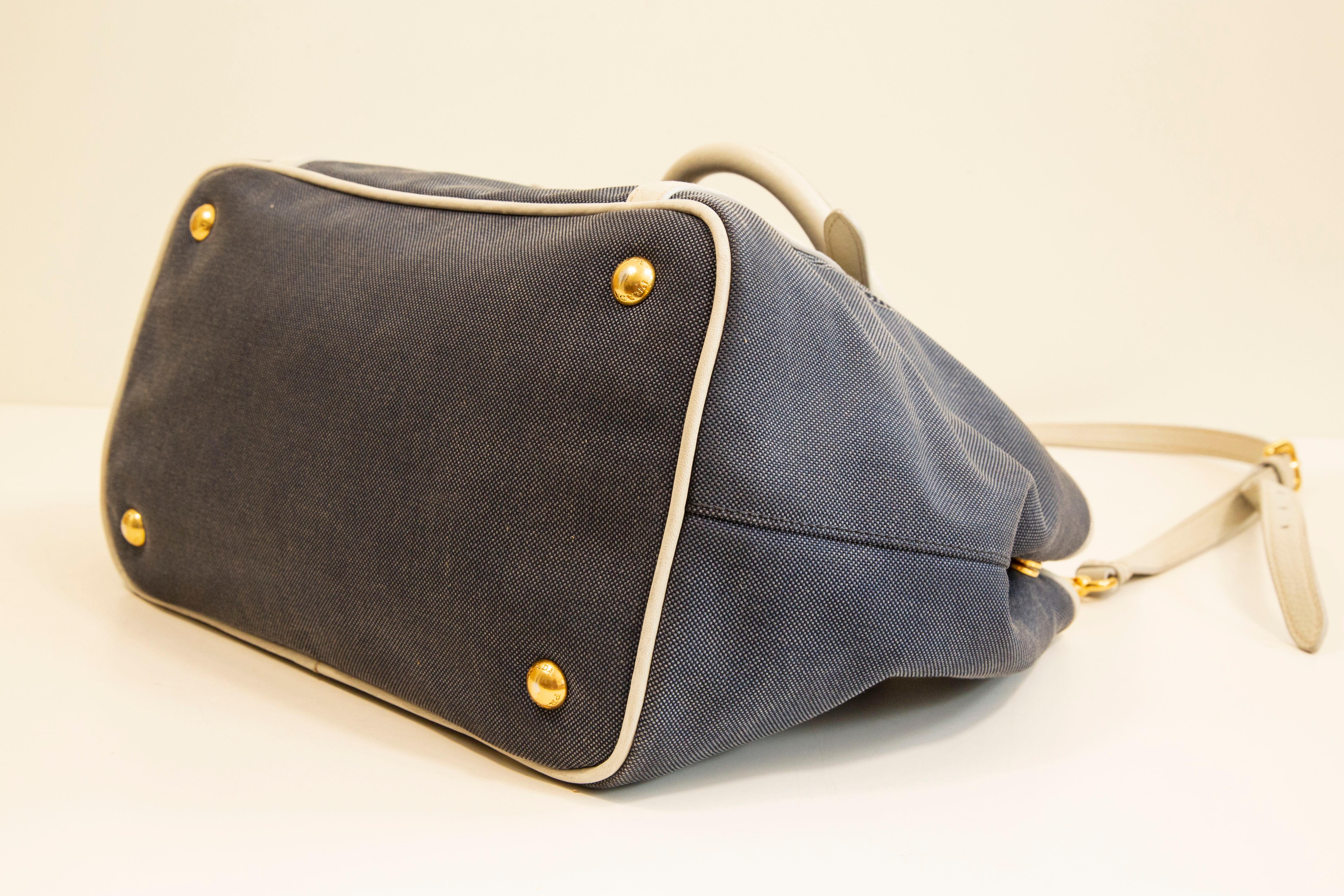 2000s Prada 2-Way Bag in Blue Canvas with White Leather Trim For Sale 5