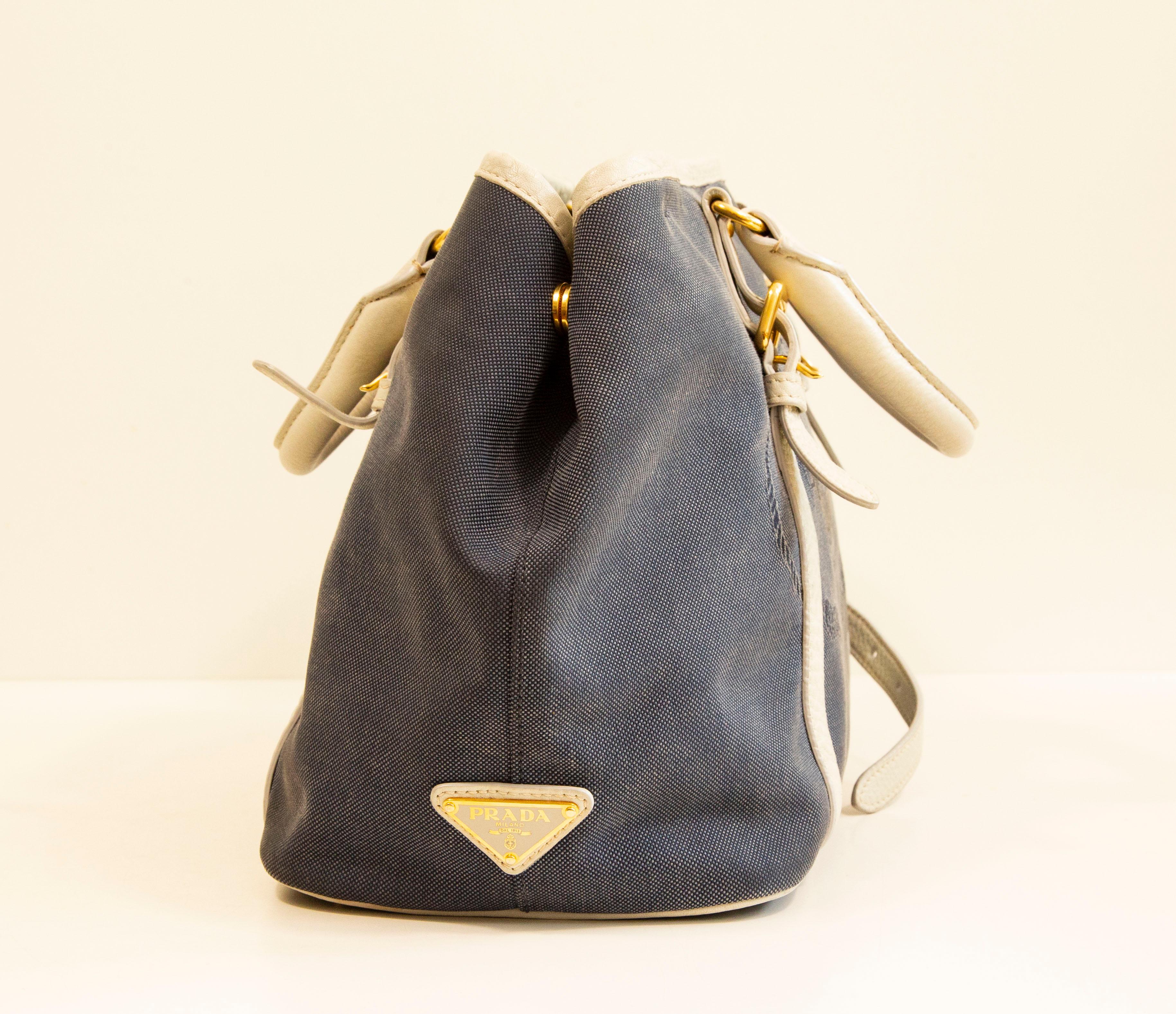 Black 2000s Prada 2-Way Bag in Blue Canvas with White Leather Trim For Sale