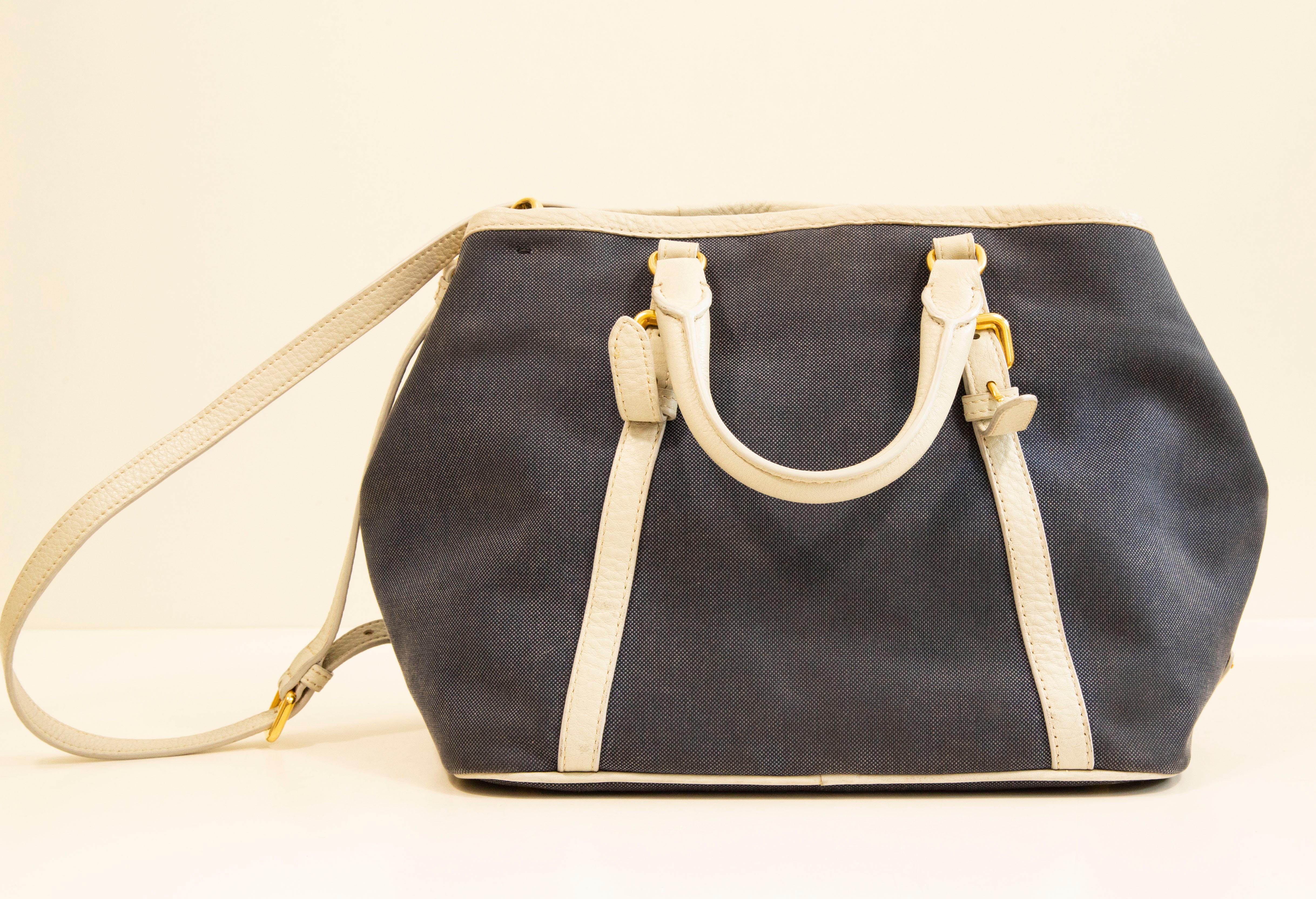 Women's or Men's 2000s Prada 2-Way Bag in Blue Canvas with White Leather Trim For Sale